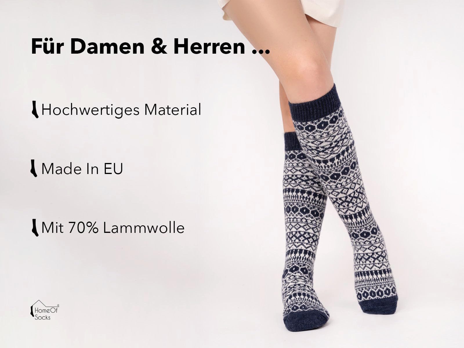 HomeOfSocks Kniestrümpfe Kniestrumpf 70% Lammwolle Skandinavisches Design Feine und strapazierfähige Lambswool Kniestrümpfe