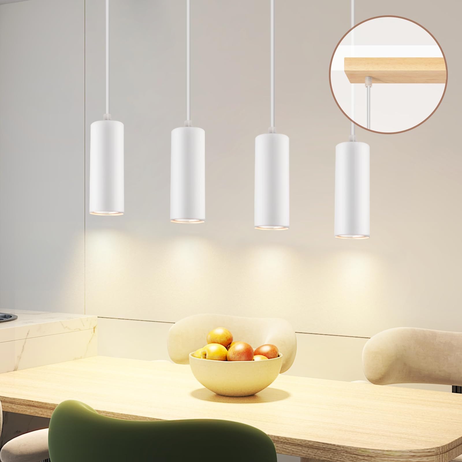 Nettlife Pendelleuchte Pendelleuchte 4 Flammig GU10 Holz Weiß, Höhenverstellbar, LED wechselbar, Pendellampe für Esszimmer Küche Café Wohnzimmer