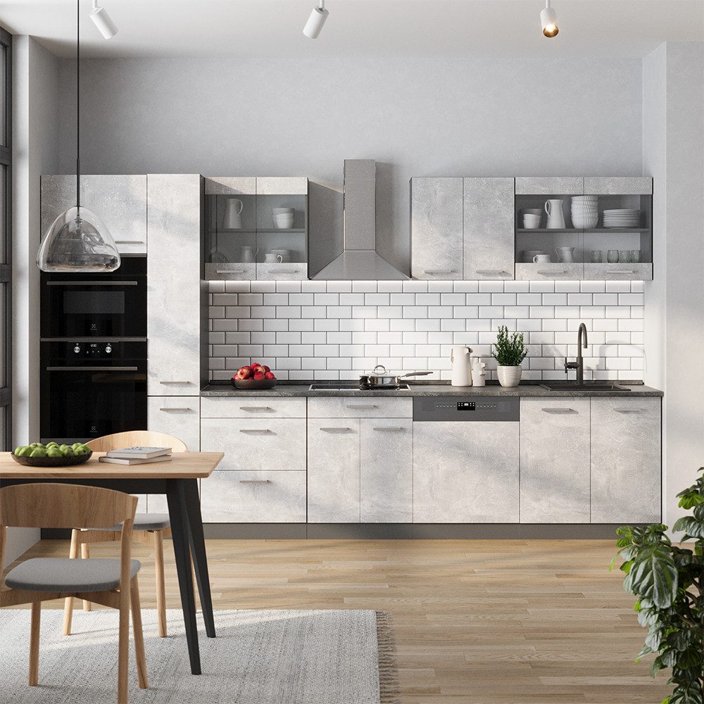 Vicco Küchenzeile R-Line, Beton/Anthrazit, 350 cm ohne Arbeitsplatte