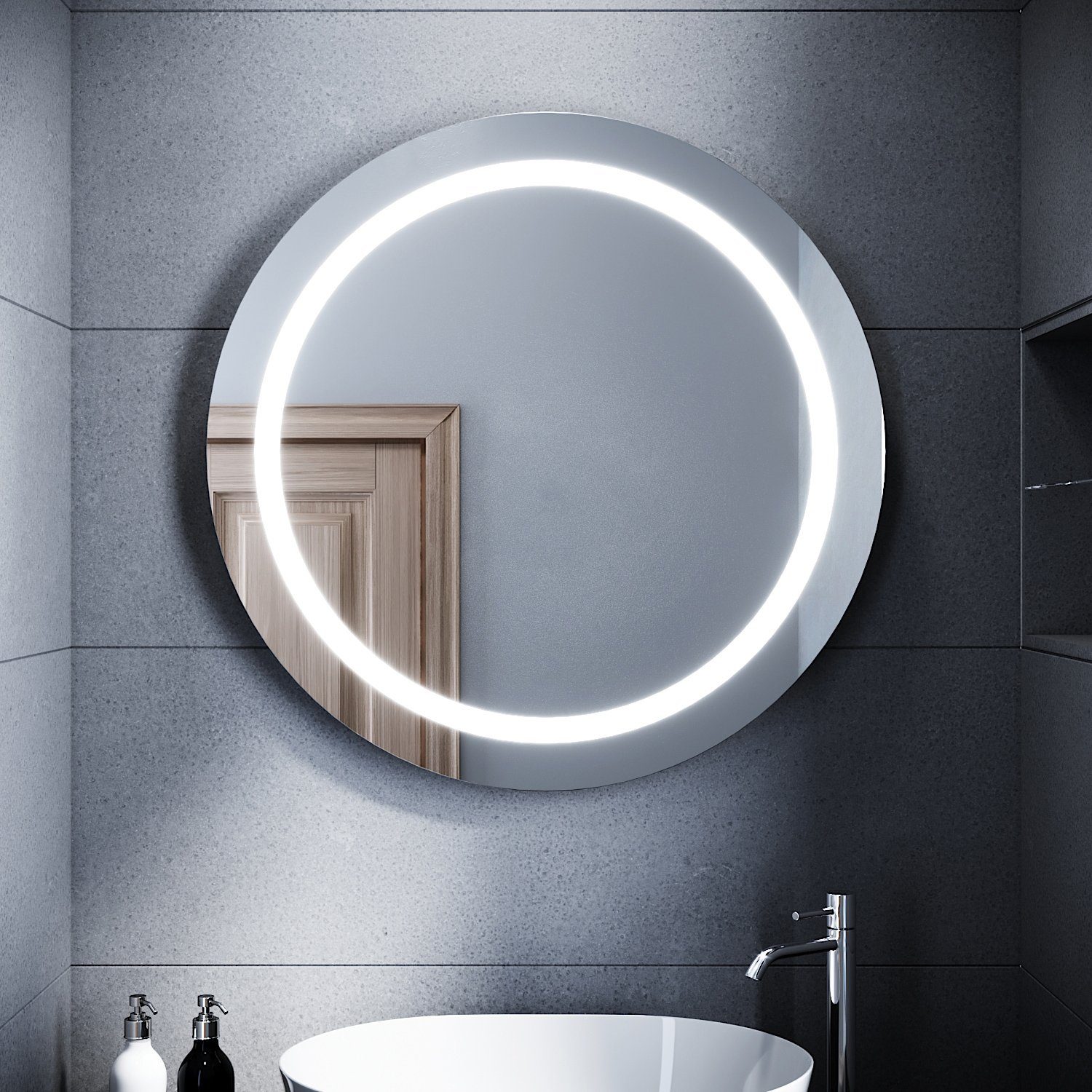 SONNI Badspiegel Badspiegel Rund mit Beleuchtung,Led Badspiegel Rund,  Antibeschlag Spiegel,Kippschalter LED Spiegel,6400K Kaltweiß,84CM