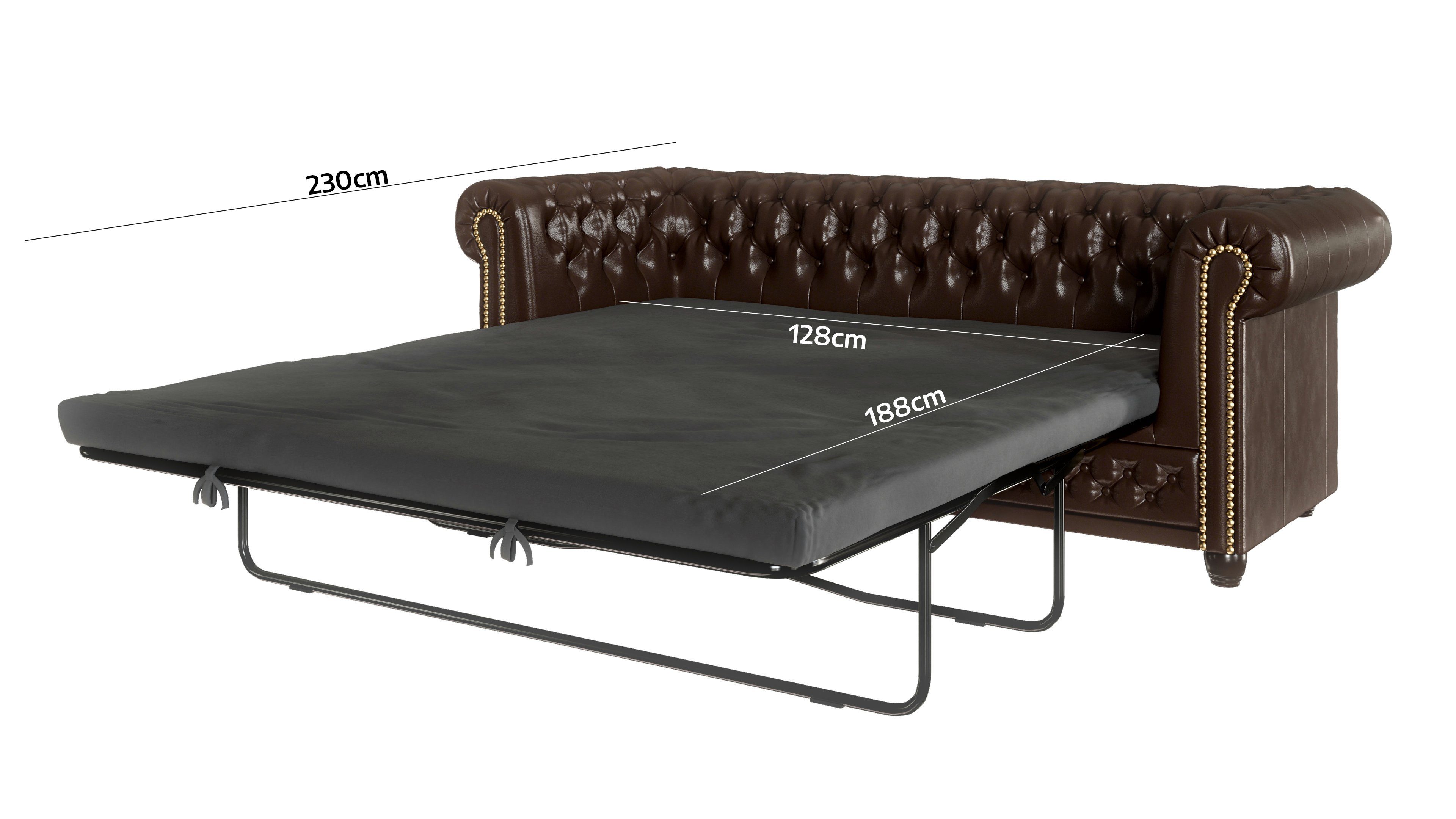 Braun 72cm, Bettfunktion, Chesterfield-Sofa mit H 203cm 86cm Möbel B x T mit Jeff, S-Style x 3-Sitzer, Wellenfederung