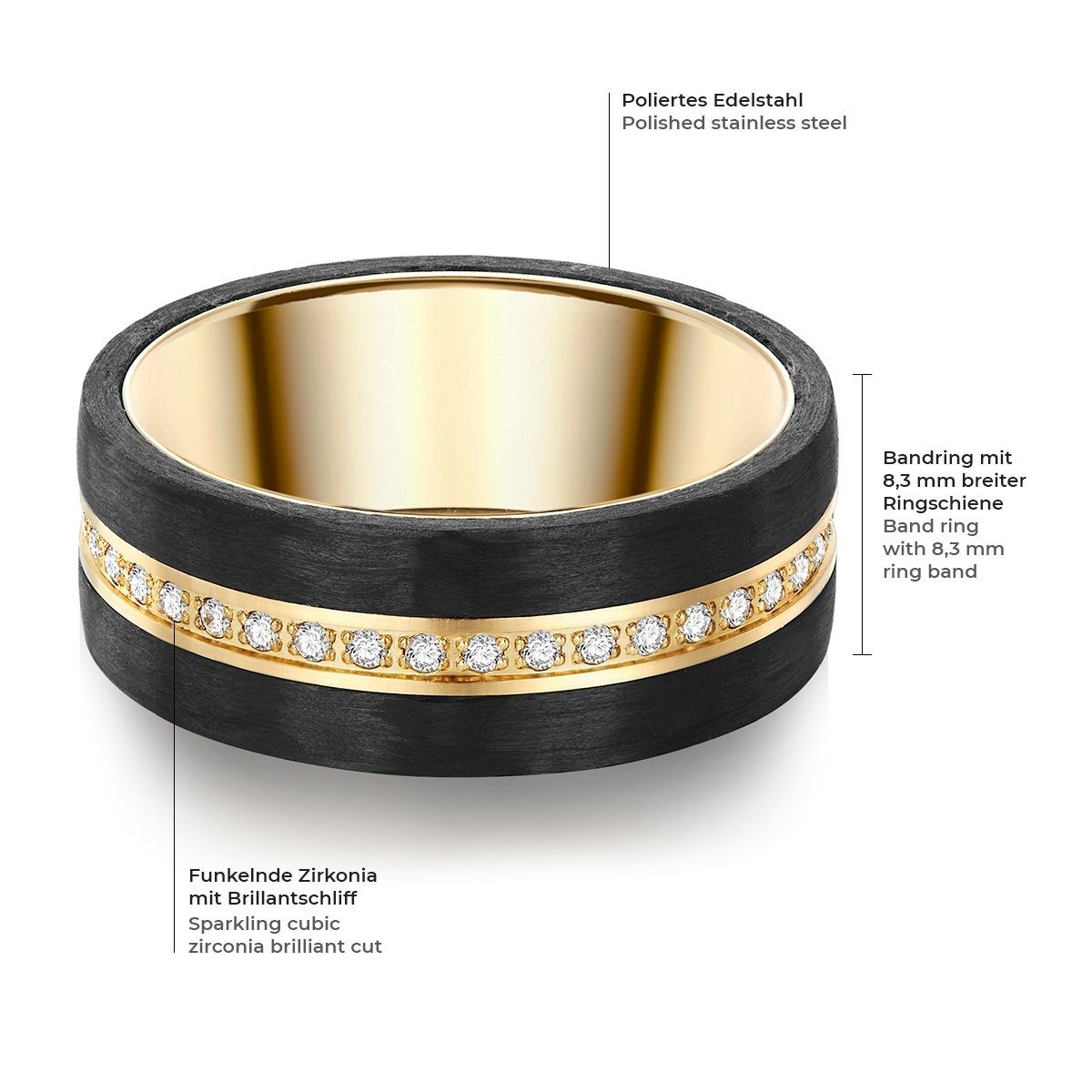 Trilani Fingerring Bandring aus Edelstahlin gelbgold schwarz, Zirkonia mit und