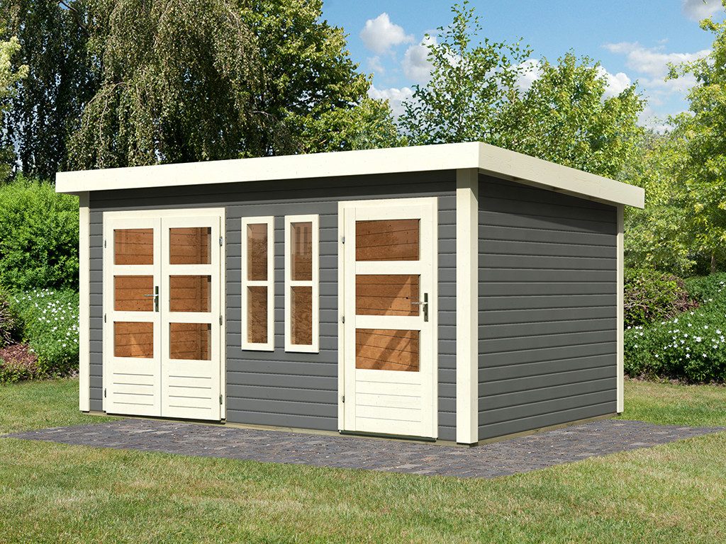 Karibu Gartenhaus Gartenhaus Zweiraumhaus Appelhorn 28 mm terragrau, BxT: 424x274 cm, 28 mm Wandstärke, Einzeltür mit Kunstglas-Einsätzen