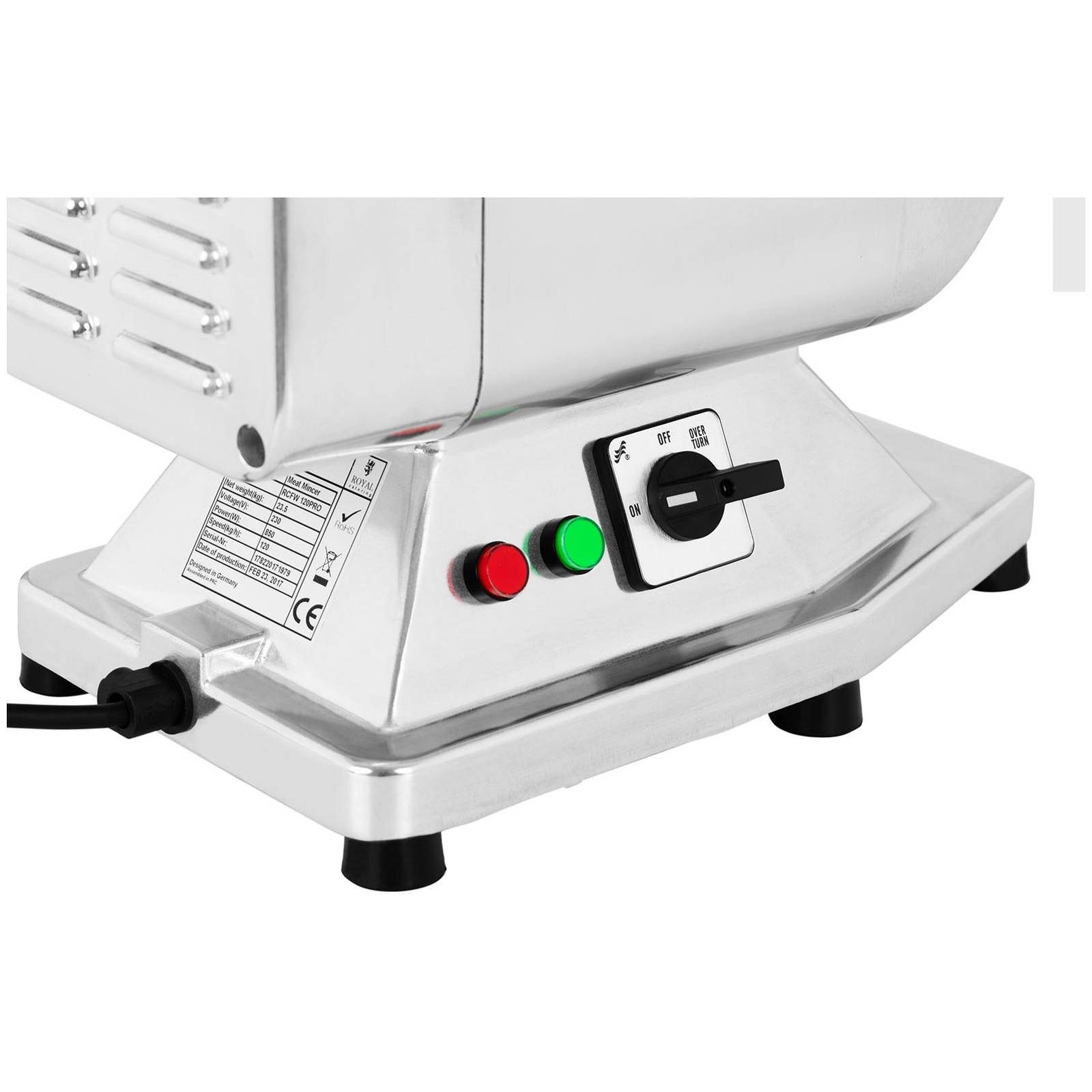 Royal Catering Fleischwolf 200 kg/h Edelstahl Messer Reverse-Funktion Elektrisch Gastro Profi, 850 W