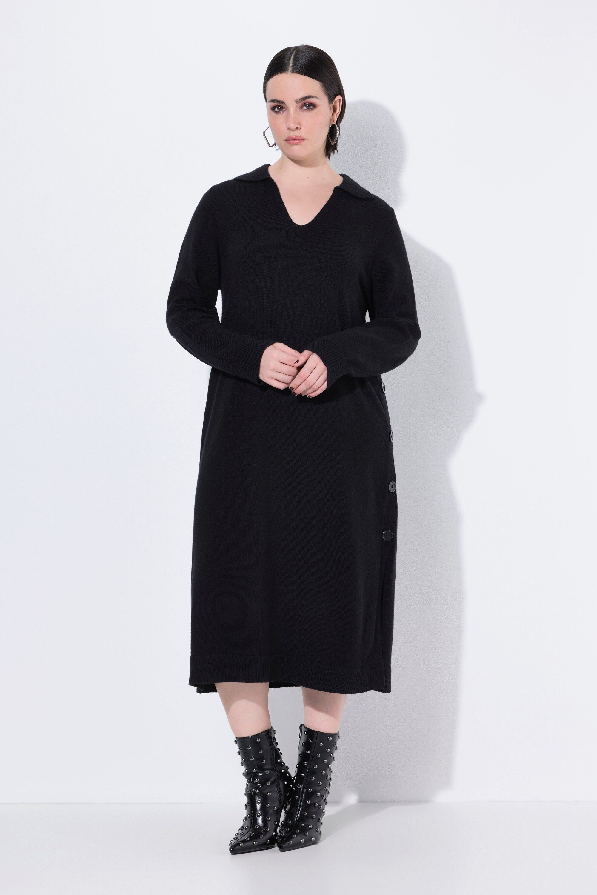 Ulla Popken Maxikleid Midi-Strickkleid Hemdkragen V-Ausschnitt günstig online kaufen