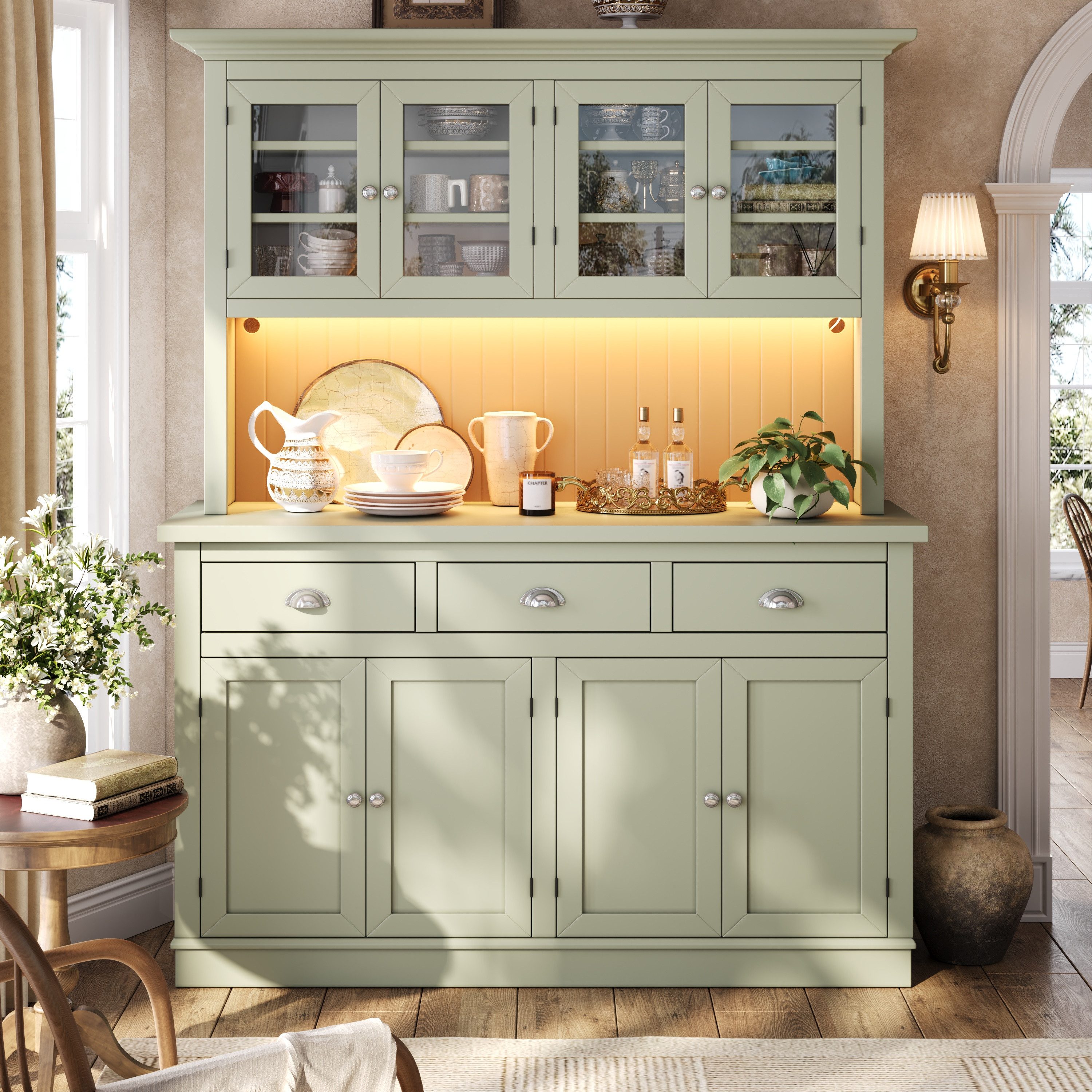 Flieks Küchenbuffet Hochschrank mit LED-Beleuchtung, 4 Glastüren, verstellbaren Böden (B140/T40/H180 cm, 1-St) Küchenschrank mit Arbeitsplatte Mehrzweckschrank Retro-Stil Grün