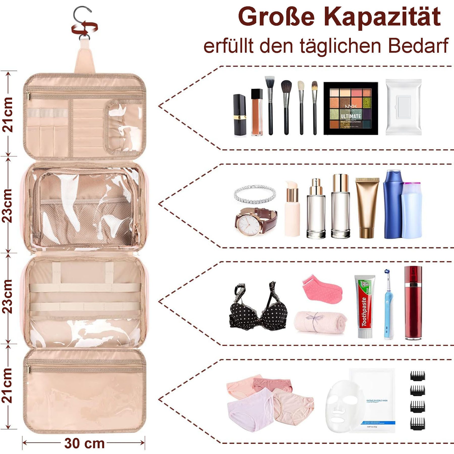 Keyura Kosmetiktasche Kulturtasche Damen wasserdichte  mit Haken,Kulturtasche zum Aufhängen (große Kapazitä Leder Kulturtasche,32 x 13 x 23 cm, rosa, Waschbeutel Kosmetik-Organizer für Damen mit 360°Drehbare Haken), Perfektes Geschenk für Frauen zu Weihnachten,Erntedank oder Geburtstag
