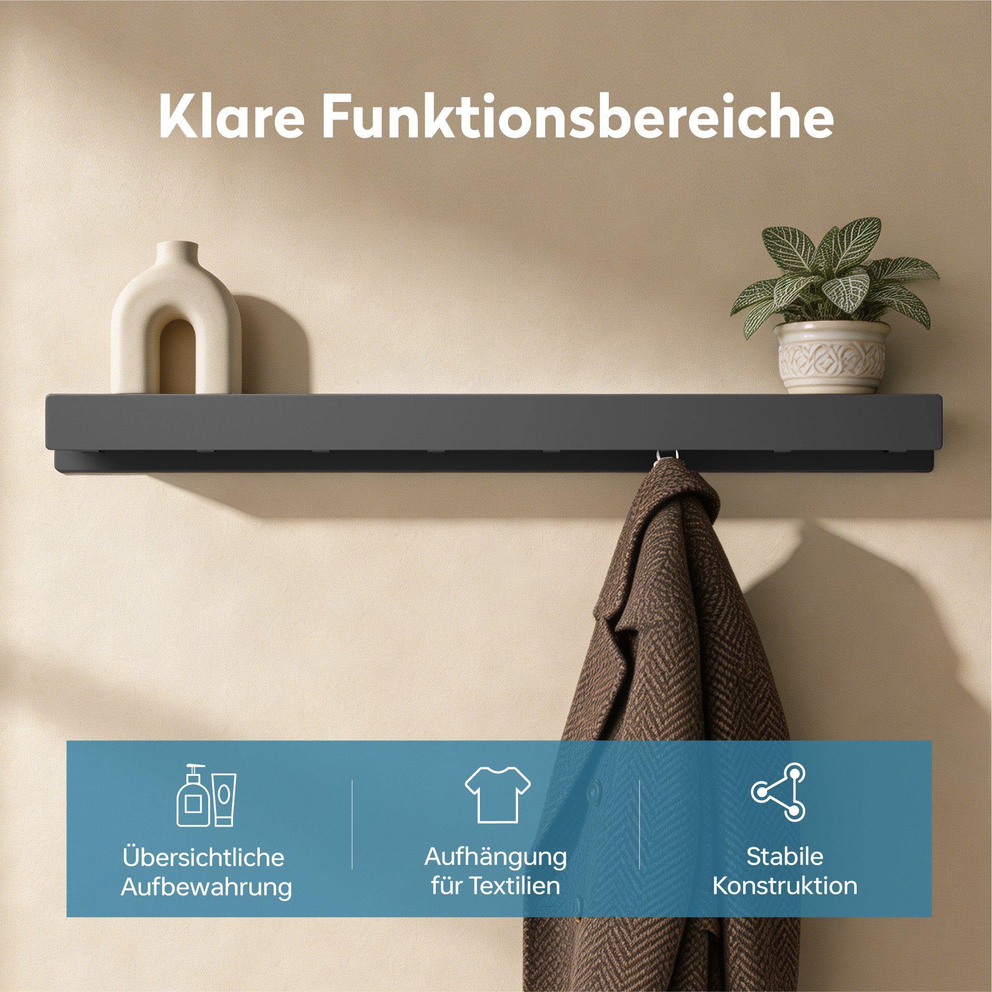 doporro Garderobenleiste Wandgarderobe Garderobenhaken 4/6/8 Haken mit Ablage aus Metall Stalo (4 St), Pulverbeschichtet mit Carbonstahl, 4/6/8 Haken Möglichkeiten