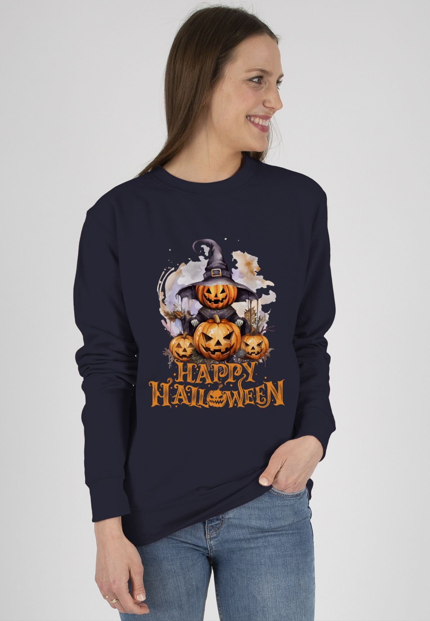 Sweatshirt Kürbiskopf Shirtracer Kürbis Halloween Happy Halloween 3 Hexe Damen Dunkelblau (1-tlg) Kostüme Gruselig