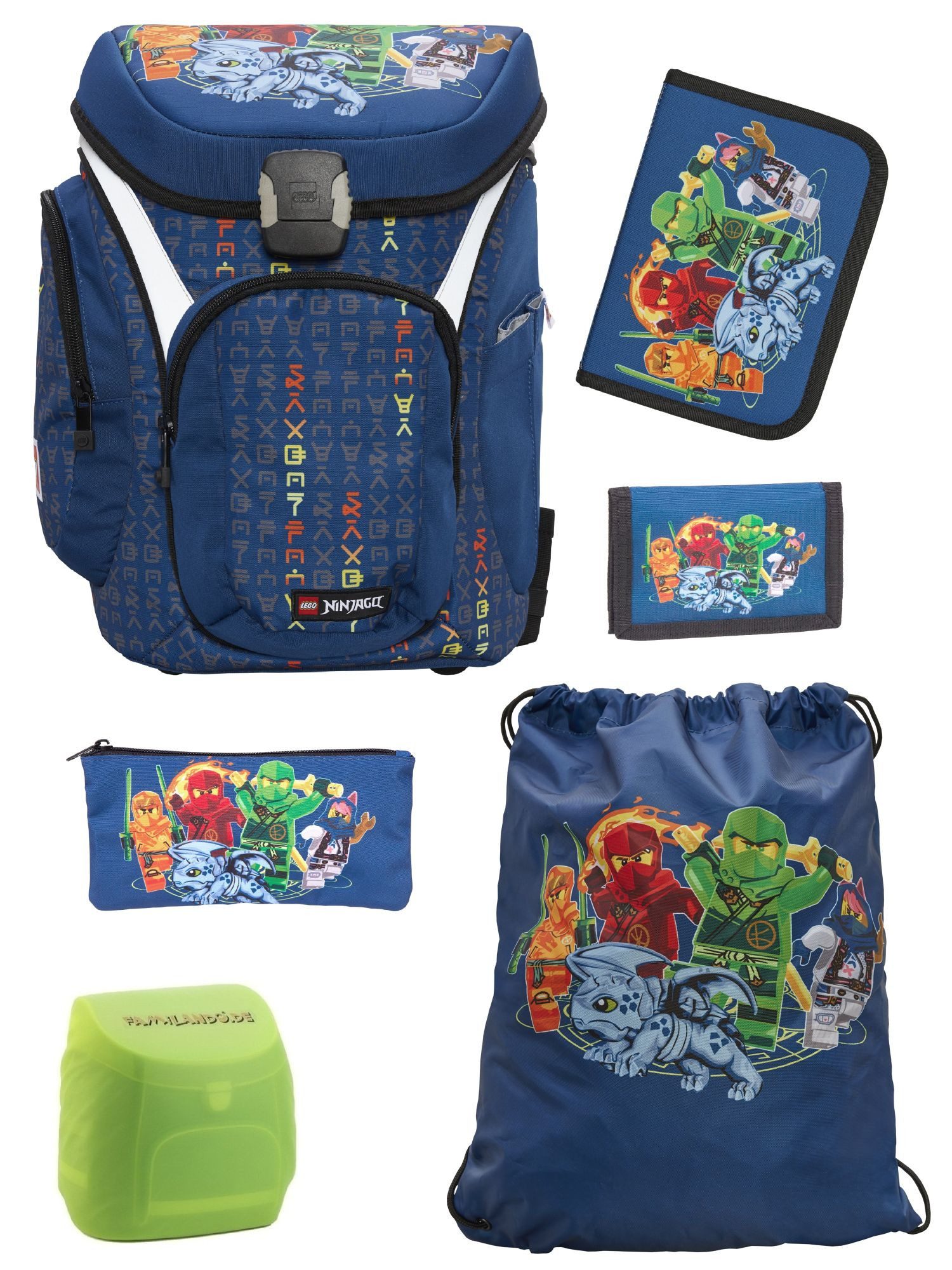 LEGO® Bags Schulranzen Explorer Lego Ninjago Schultasche Blau ab der 1. Klasse (Set, 6-tlg., mit Federmäppchen, Schlamper, Geldbeutel & Turnbeutel), ergonomisch; mit Hüft- & Brustgurt; Ninja Family