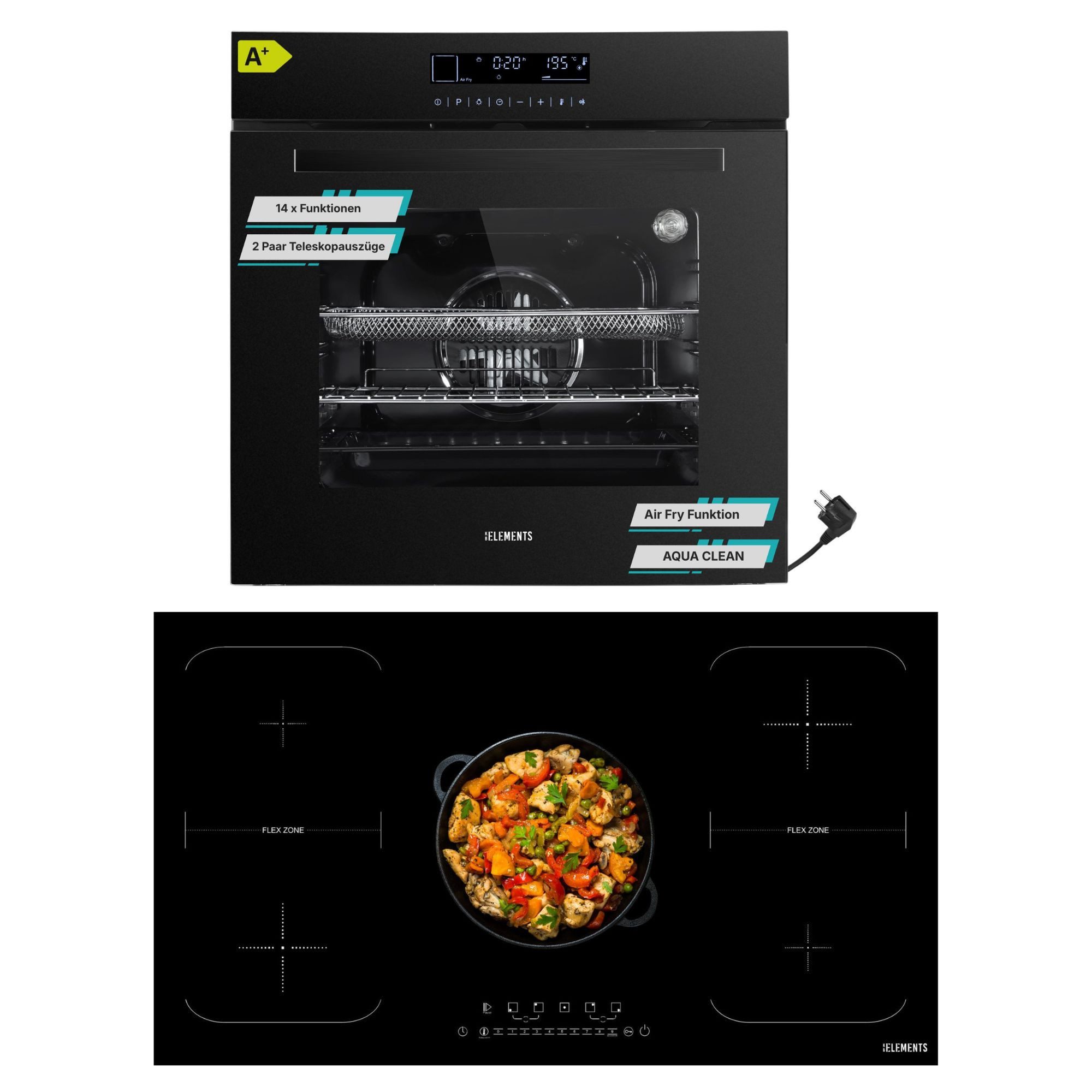 KB Elements Induktions Herd-Set KBE Einbaubackofen 60 cm mit 5-Zonen Induktionskochfeld 90cm, mit 2-fach-Teleskopauszug, Einbaubackofen Full Touch mit 15 Funktionen, doppelte Flexzone