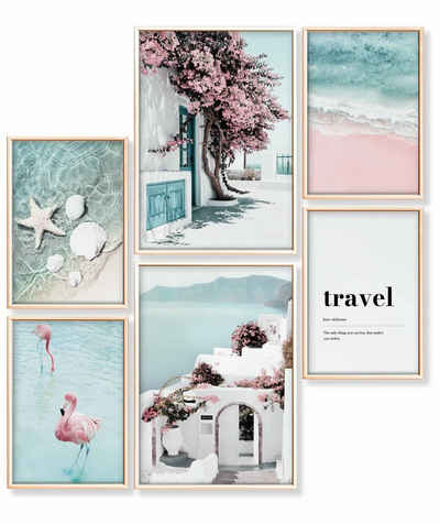Heimlich Poster Set als Wohnzimmer Deko, Bilder DINA3 & DINA4, Strand Pink Flamingo, Landschaften