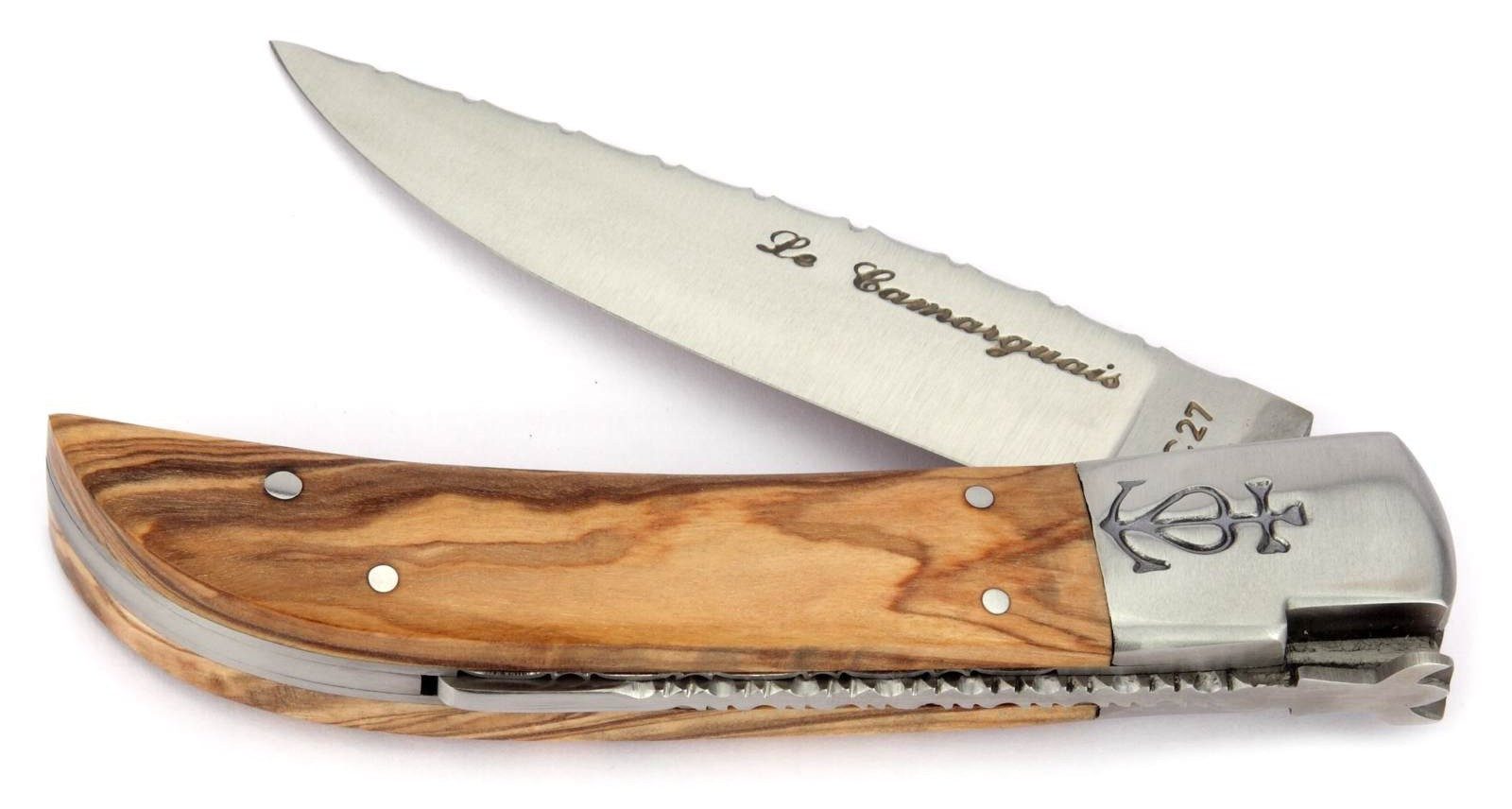 Le Camarguais Taschenmesser 20007C, Griff 12cm Olivenholz - Feder und Platine verziert - Stahl satiniert