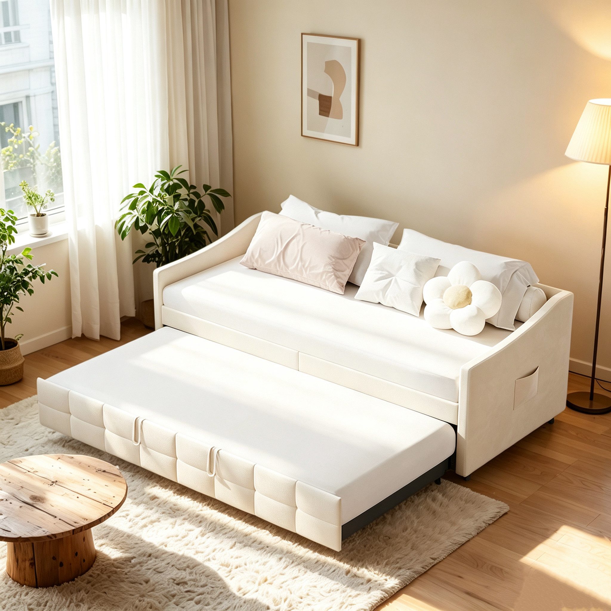 Simurq Daybett Schlafsofa 90x200 mit Unterbett, Ausziehbett, Tagesbett, Gästebett, Polsterbett, Mit Lattenrost, Samt