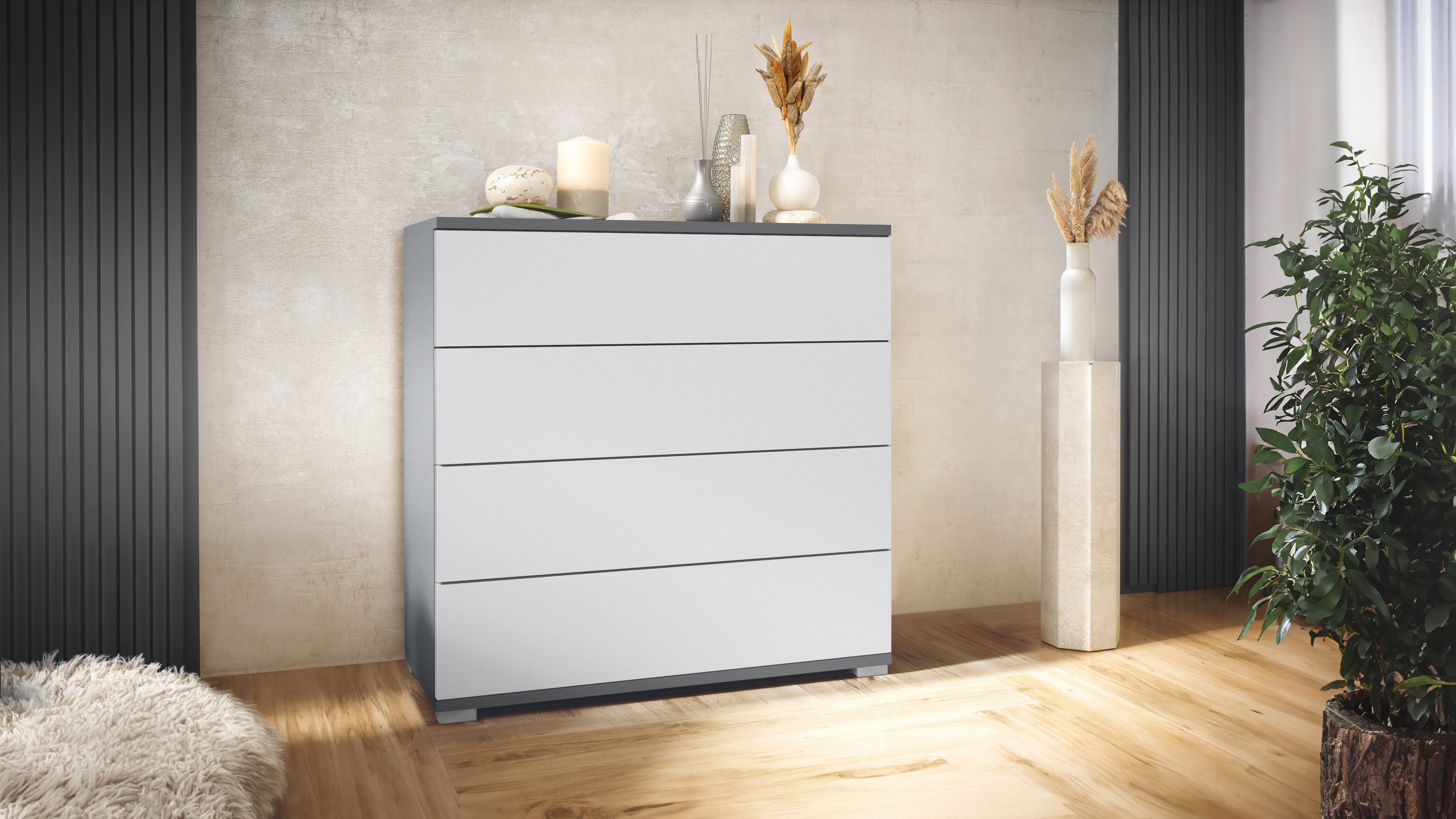 Vladon Kommode Pavos V3 (Sideboard, mit 4 Schubladen), Anthrazit matt/Weiß matt (76 x 76 x 35 cm)
