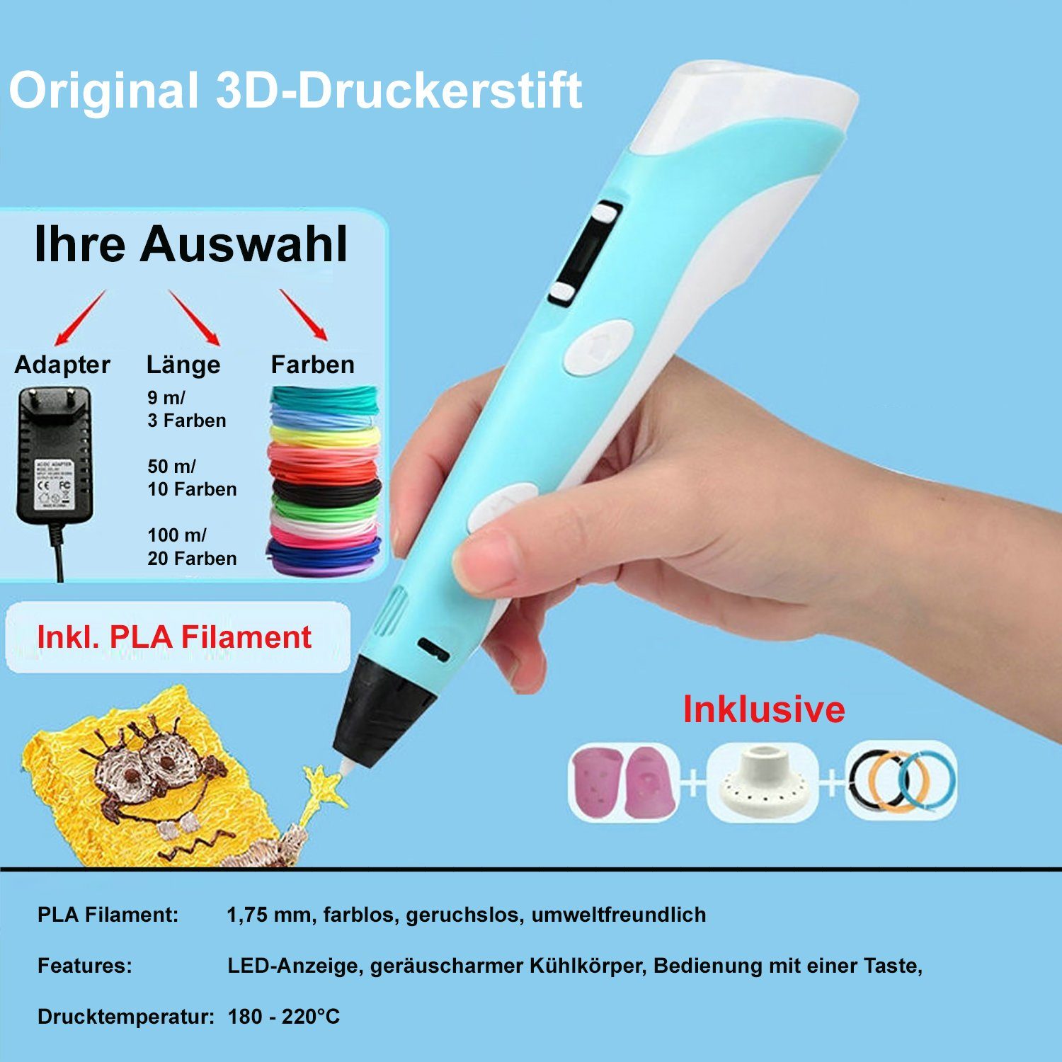 TPFNet 3D-Drucker-Stift 3D Stift für Kinder & Erwachsene mit Stromkabel,  PLA Filamentstift mit LCD-Bildschirm - 3D Drucker Stift Farbe: Rosa