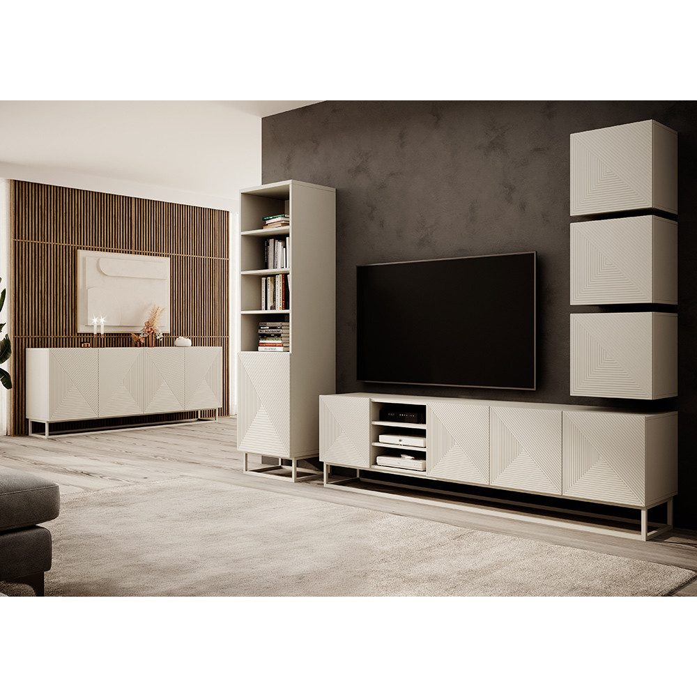 Lomadox Wohnzimmer-Set ADARE-141, (Mega-Spar-Set, 6-St., Hängeschränke Lowboard Regal Sideboard), Wohnwand mit Sideboard, kaschmir mit gerillter Front, Push-to-Open