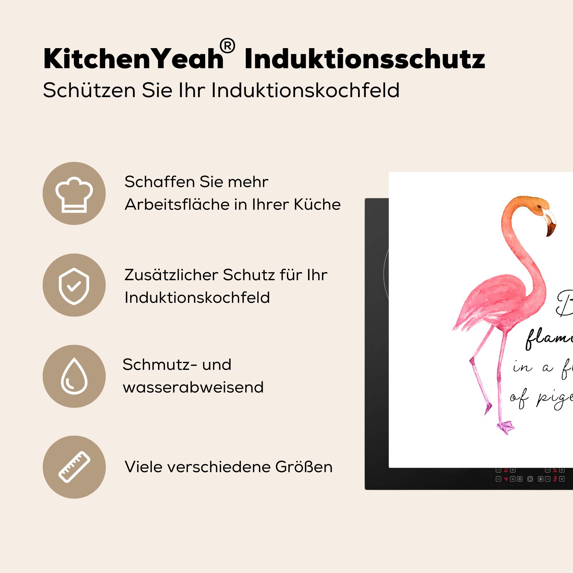 MuchoWow Herdblende-/Abdeckplatte Flamingo Vinyl, - Arbeitsplatte küche (1 Aquarell tlg), 78x78 Ceranfeldabdeckung, Vogel Zitate, cm, - - für