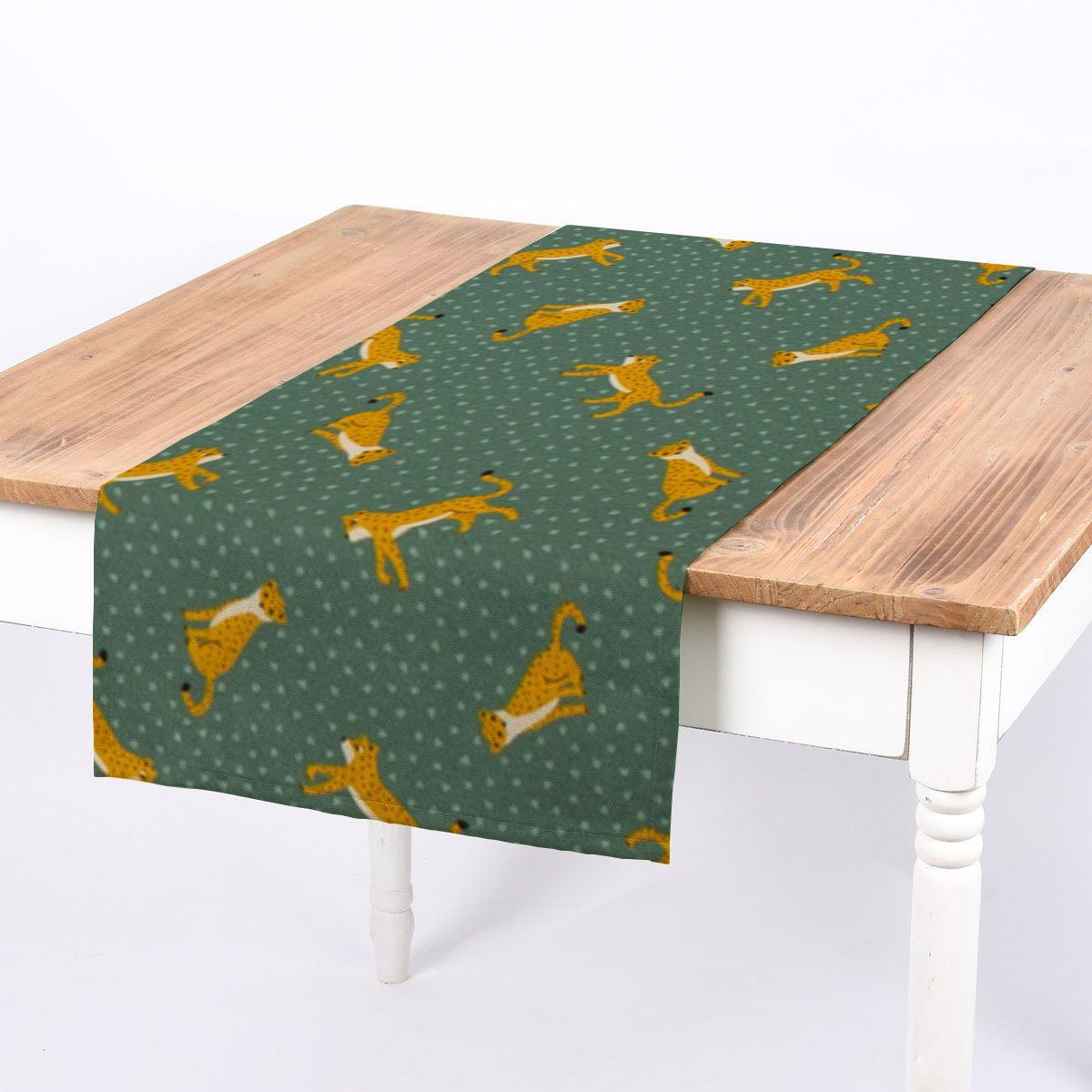 SCHÖNER LEBEN. Tischläufer SCHÖNER LEBEN. Tischläufer man Leopard Punkte grün gelb 40x160cm, handmade