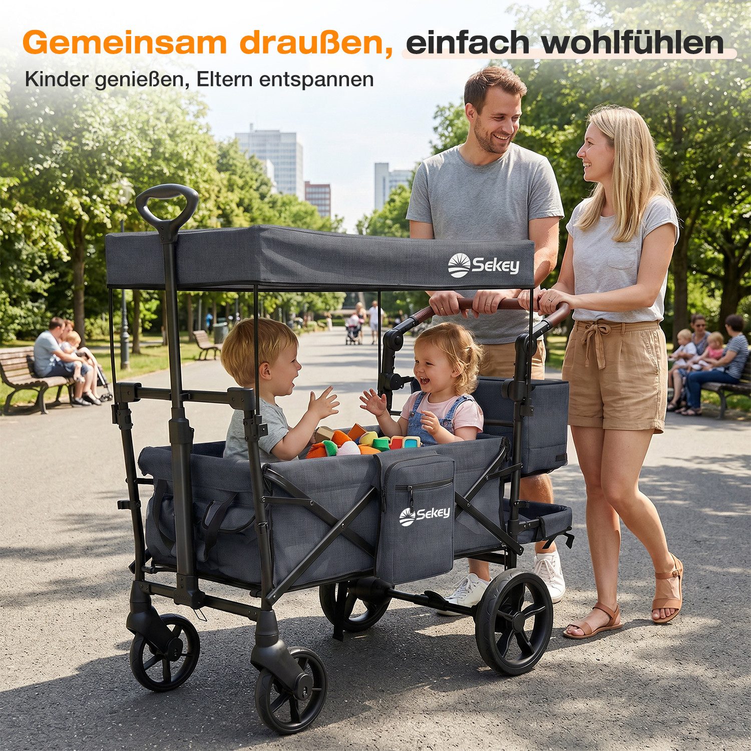 Sekey Bollerwagen Faltbar mit Dach, Kinder Bollerwagen mit XXL-Rädern (24/20 cm), Komfort für 1–2 Kinder – Federung, Kugellager & Zieh-/Schiebgriff