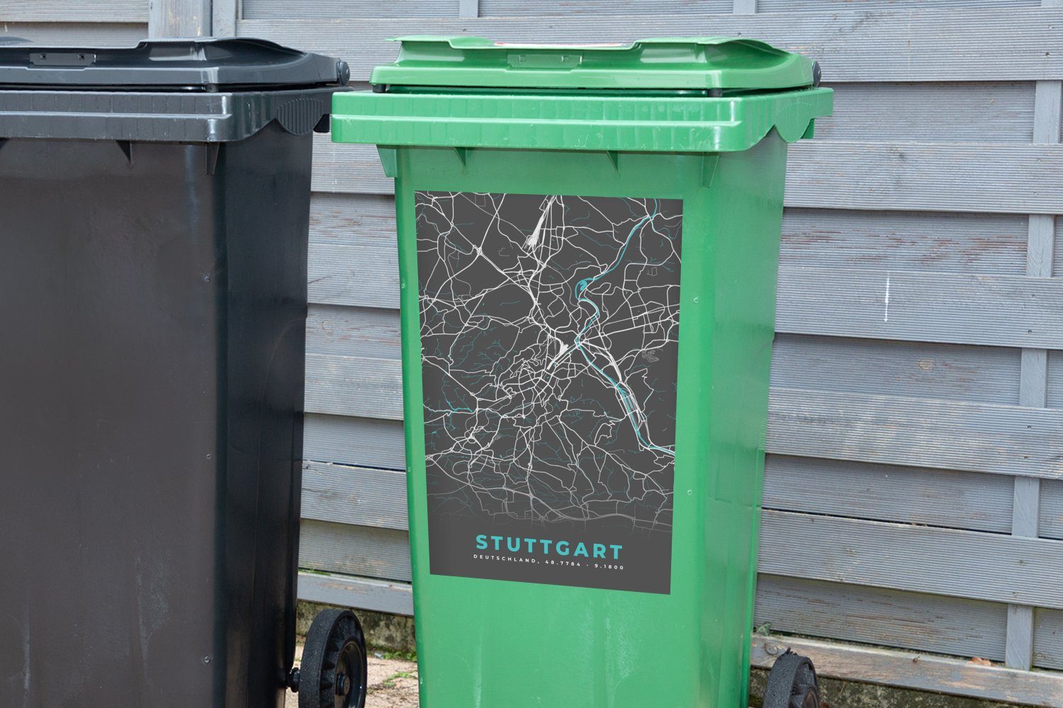 MuchoWow Wandsticker Karte - Stuttgart - Mülleimer-aufkleber, (1 Sticker, Blau Deutschland Abfalbehälter - Stadtplan St), - Container, Mülltonne