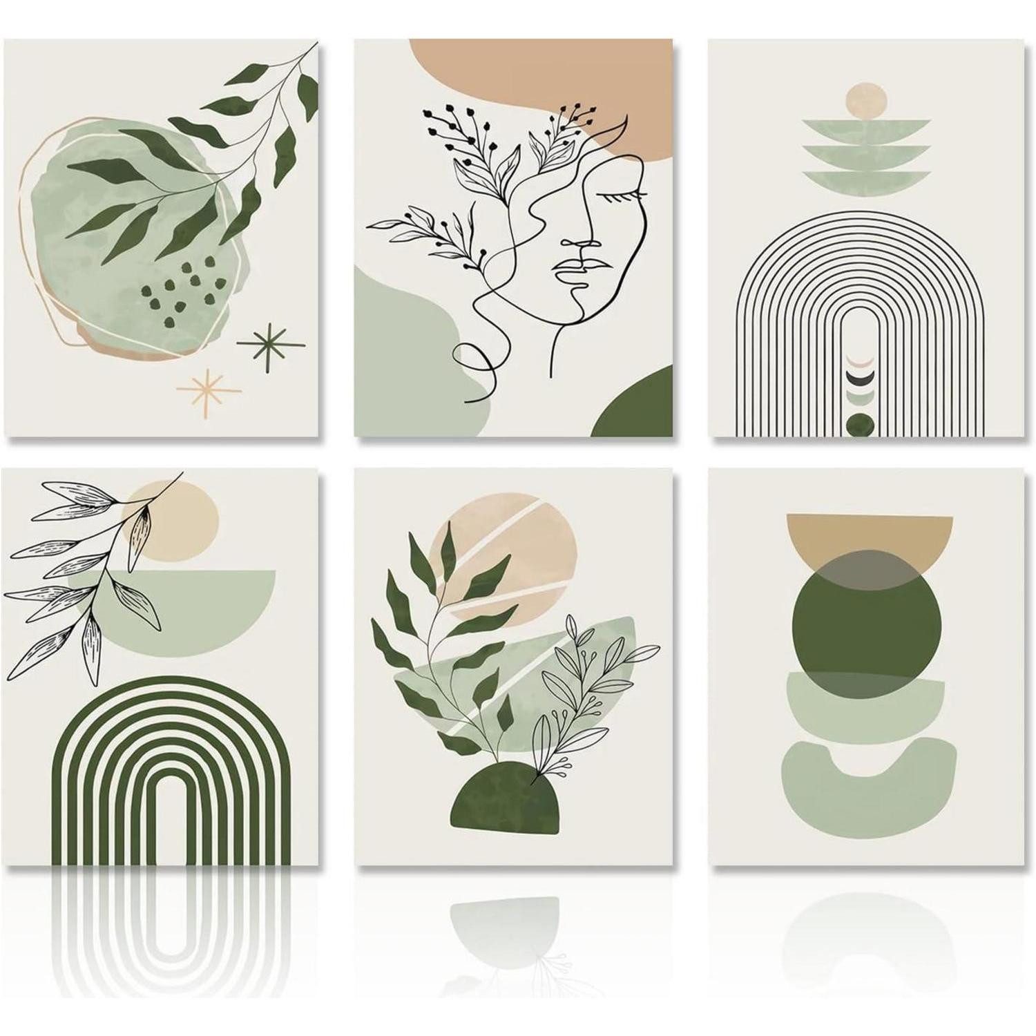 Dazzlewall Leinwandbild Salbeigrüne Boho Leinwand Bilder 20x25 cm Set 6 Stück