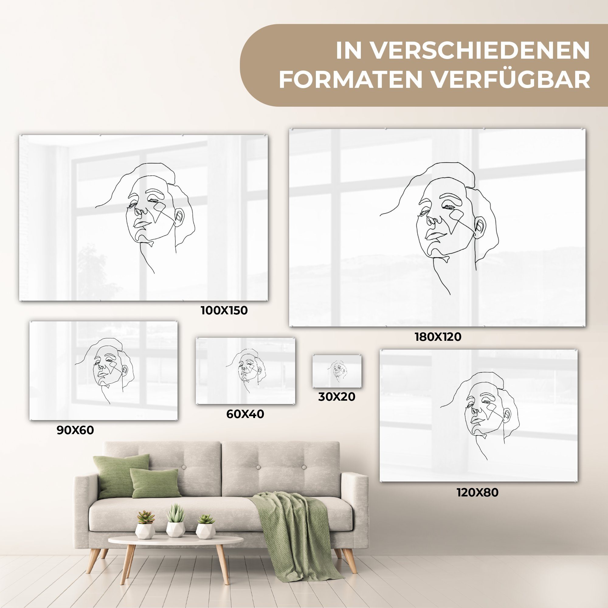 Acrylglasbilder Strichzeichnung Weiß, Wohnzimmer - & Frau Schlafzimmer Acrylglasbild MuchoWow - Schwarz - St), (1