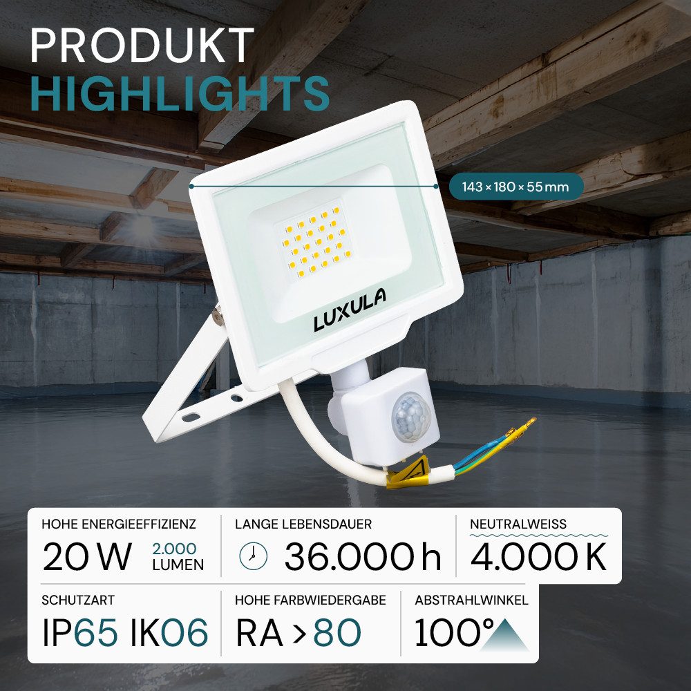 LUXULA LED Flutlichtstrahler LUXULA LED Fluter 20 W 4000 K Neutralweiß Weiß, LED fest integriert, Neutralweiß