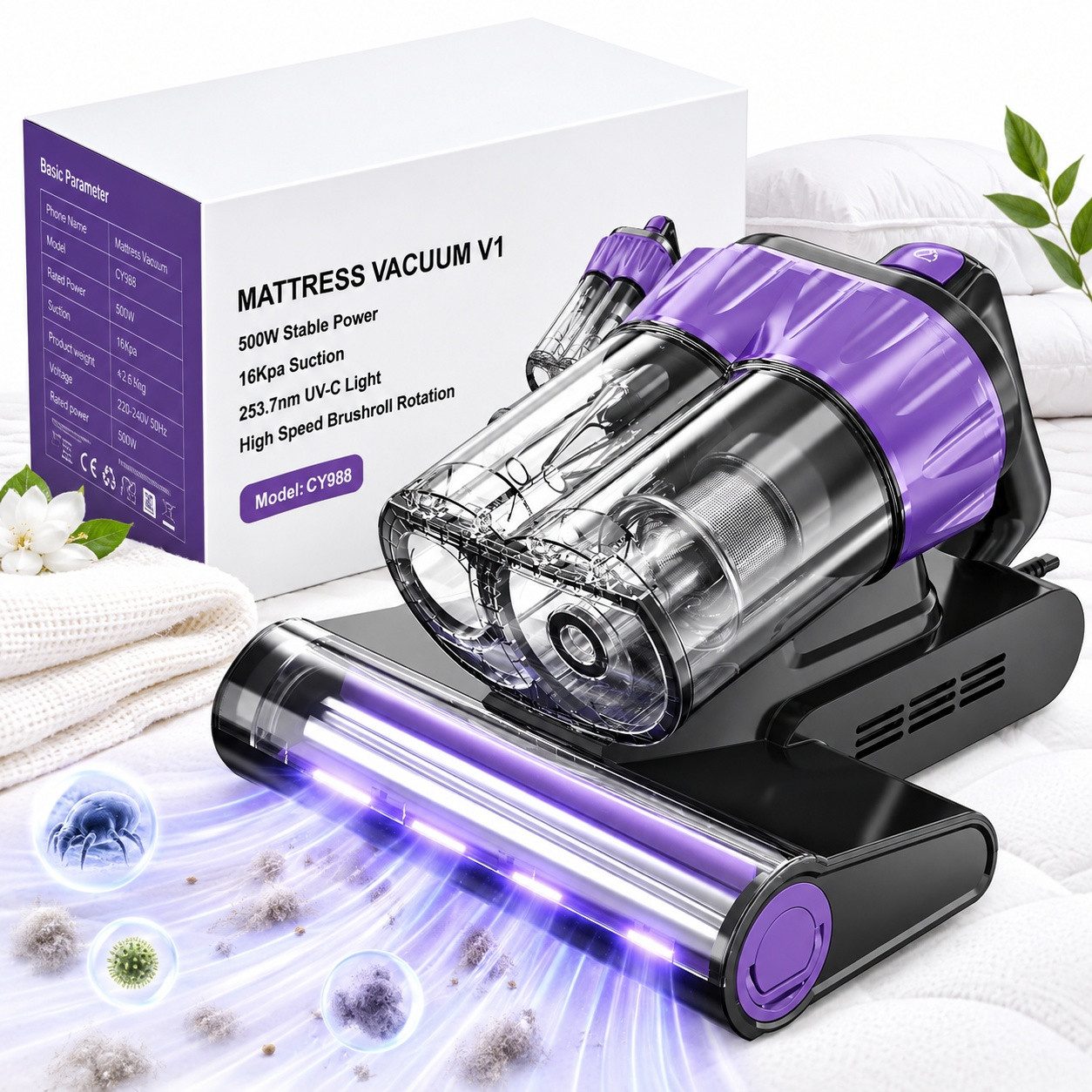 Fofile Matratzenreinigungsgerät Milbenstaubsauger mit UV-C-Licht, Milben-Handstaubsauger, 400 W, mit Beutel, V-Klopfwalze, Haarreduzierung, Ein-Knopf-Entleerung, LED-Anzeige