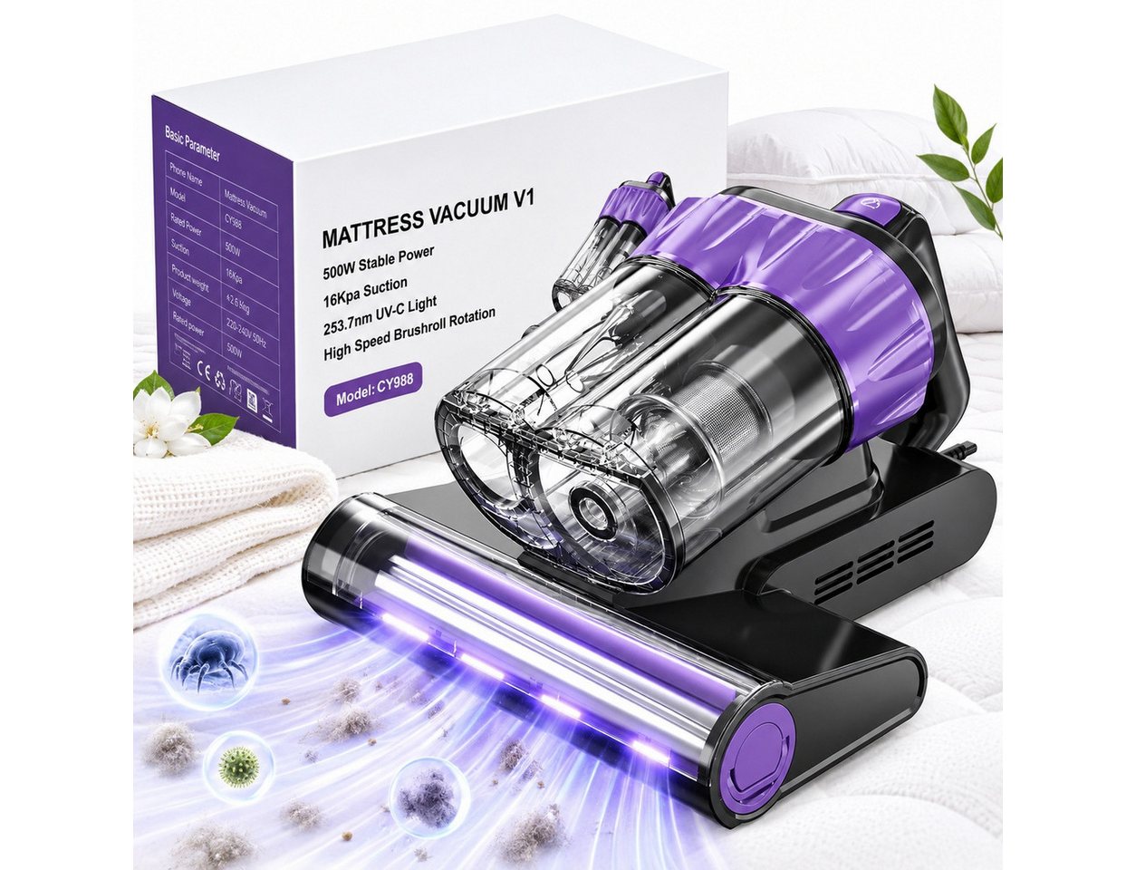 Fofile Matratzenreinigungsgerät Milbenstaubsauger mit UV-C-Licht, Milben-Handstaubsauger, 400 W, mit Beutel, V-Klopfwalze, Haarreduzierung, Ein-Knopf-Entleerung, LED-Anzeige