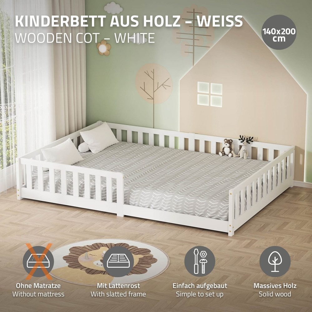 ML-DESIGN Spielbett Bodenbett Holzbett mit Lattenrost & Rausfallschutz Jugendbett Babybett, Abenteuerbett 140x200cm Weiß Kinderbett Bettgestell ohne Matratze – Bild 2 von 5