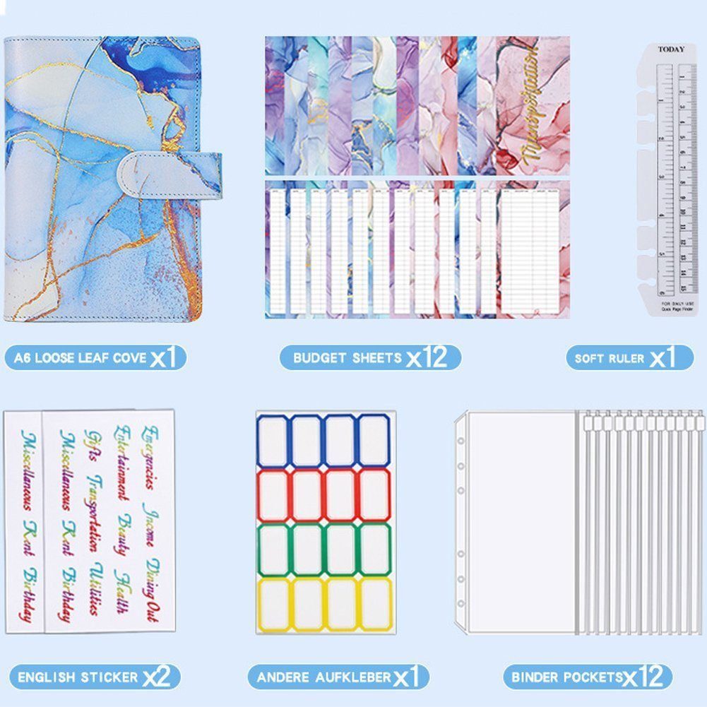 KINSI Ringbuchmappe Marmoriertes Notizbuch, 6-Loch-Loseblatt, A6-Budget-Notizbuch (Set), Reisetagebuch mit Magnetknopf und Stifthalter