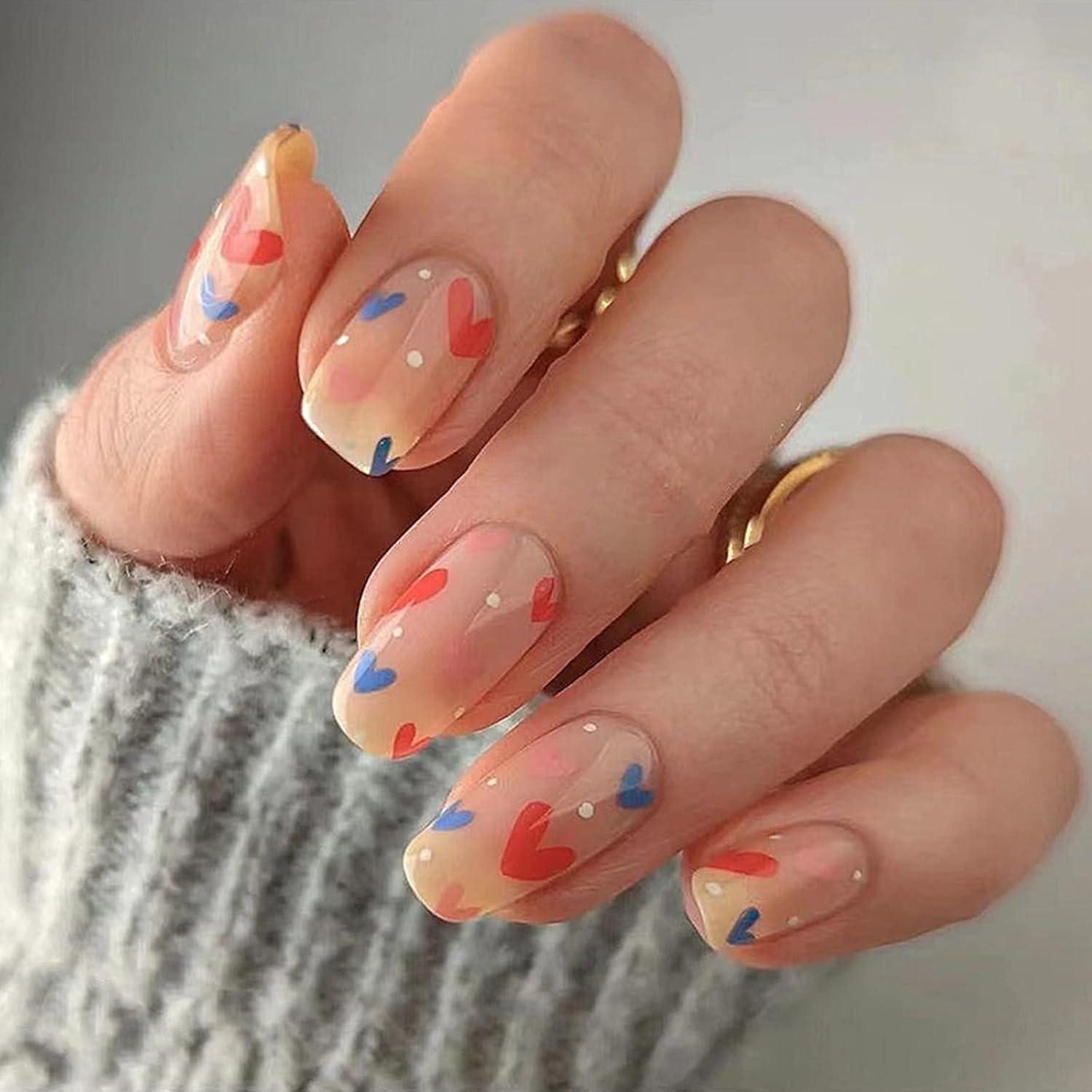 Kunstfingernägel 24er Set Valentinstag Falsche Nägel Eckig Rot Blau Herz Design Press