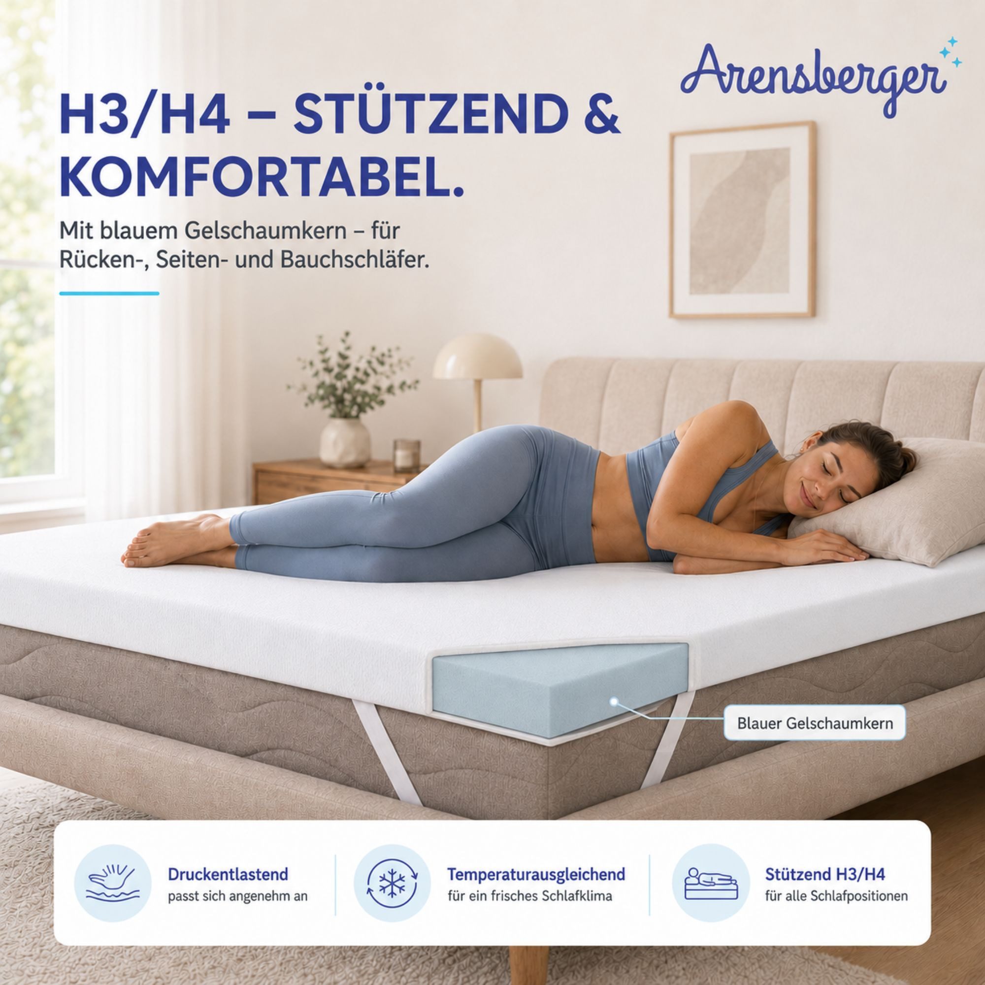 Arensberger, Topper ESSENCE Matratzentopper, Gelschaum, 5 cm, für alle Matratzen, 5 cm hoch, Gel Foam, (90 x 200 cm, 90x200cm), kühlend, waschbarer Bezug, rutschfest, 90x200 140x200 & mehr