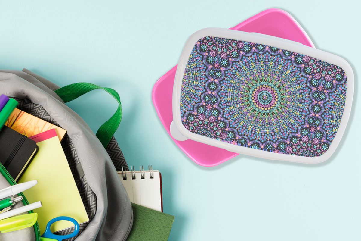 Brotdose Mädchen, Neon Kunststoff - Kunststoff, Hippie MuchoWow rosa Lunchbox - Brotbox - Mandala Muster, Snackbox, (2-tlg), Regenbogen Kinder, für - Erwachsene,