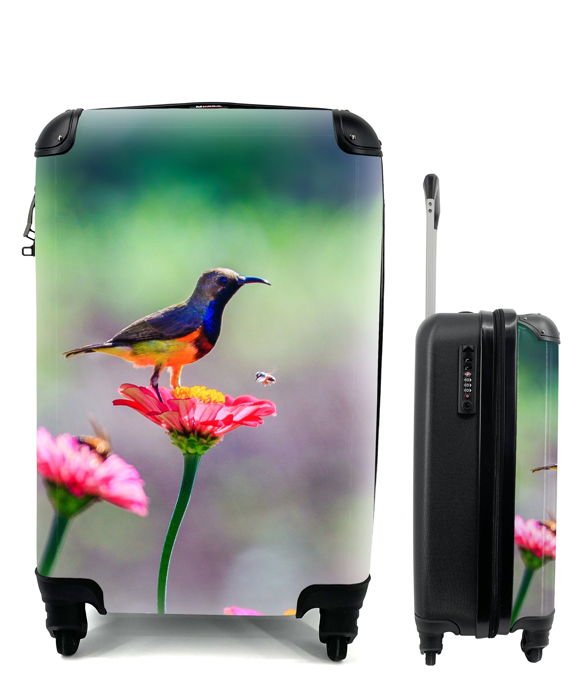 MuchoWow Handgepäckkoffer Nahaufnahme eines Kolibris auf rosa Blüten, 4 Rollen, Reisetasche mit rollen, Handgepäck für Ferien, Trolley, Reisekoffer