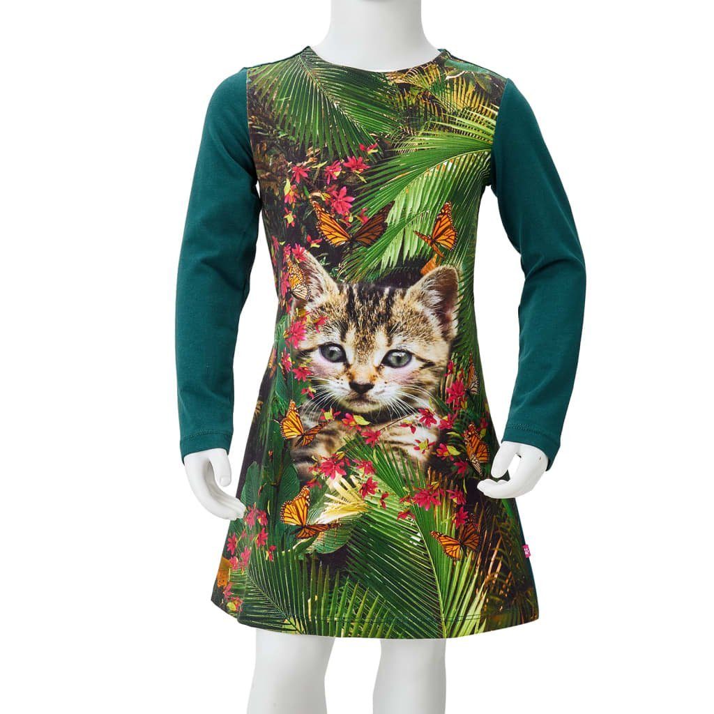 vidaXL A-Linien-Kleid 128 Dunkelgrün Langen Ärmeln Kurz mit Katzen-Aufdruck Kinderkleid