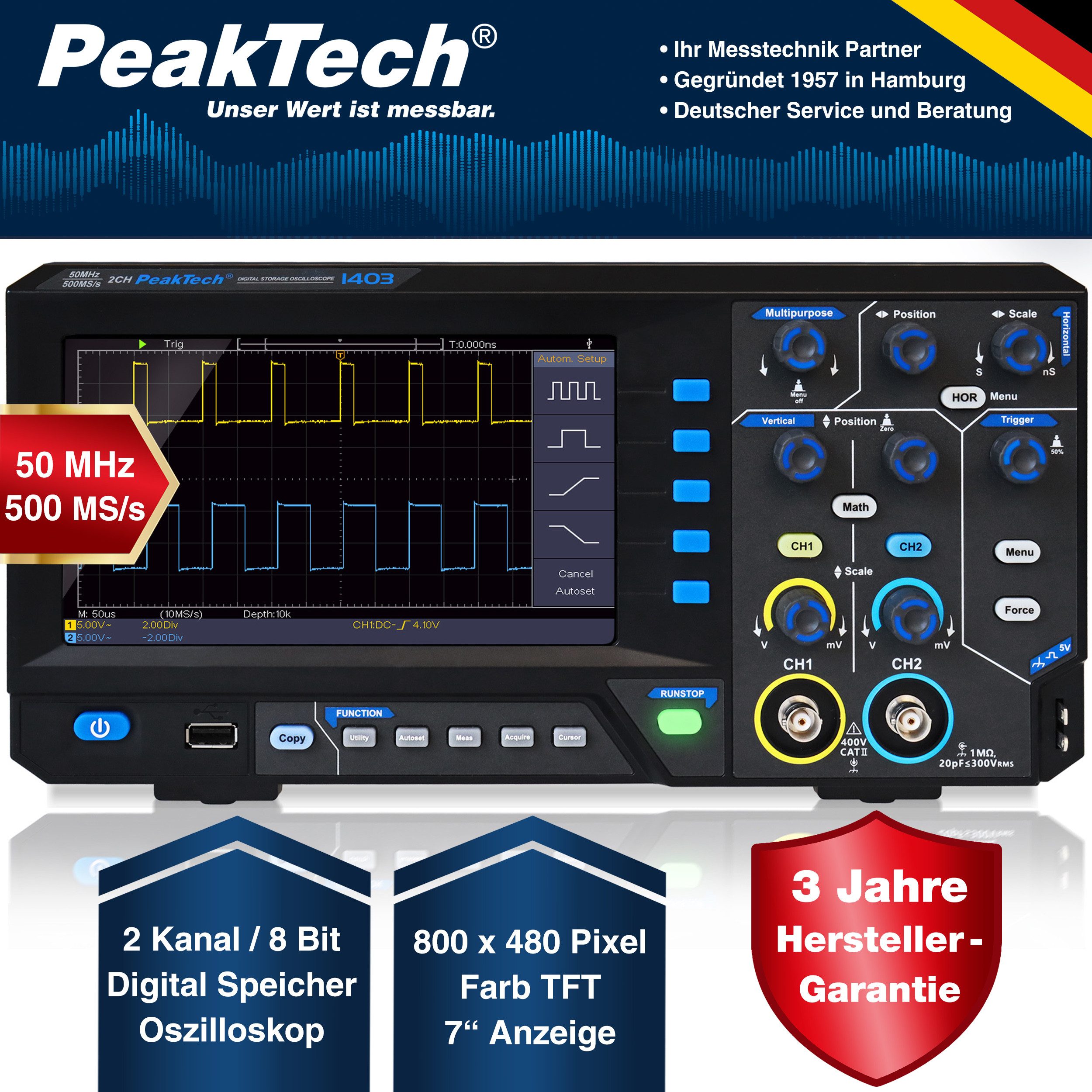 PeakTech Spannungsprüfer 2-Kanal Digitales Oszilloskop, 50 MHz