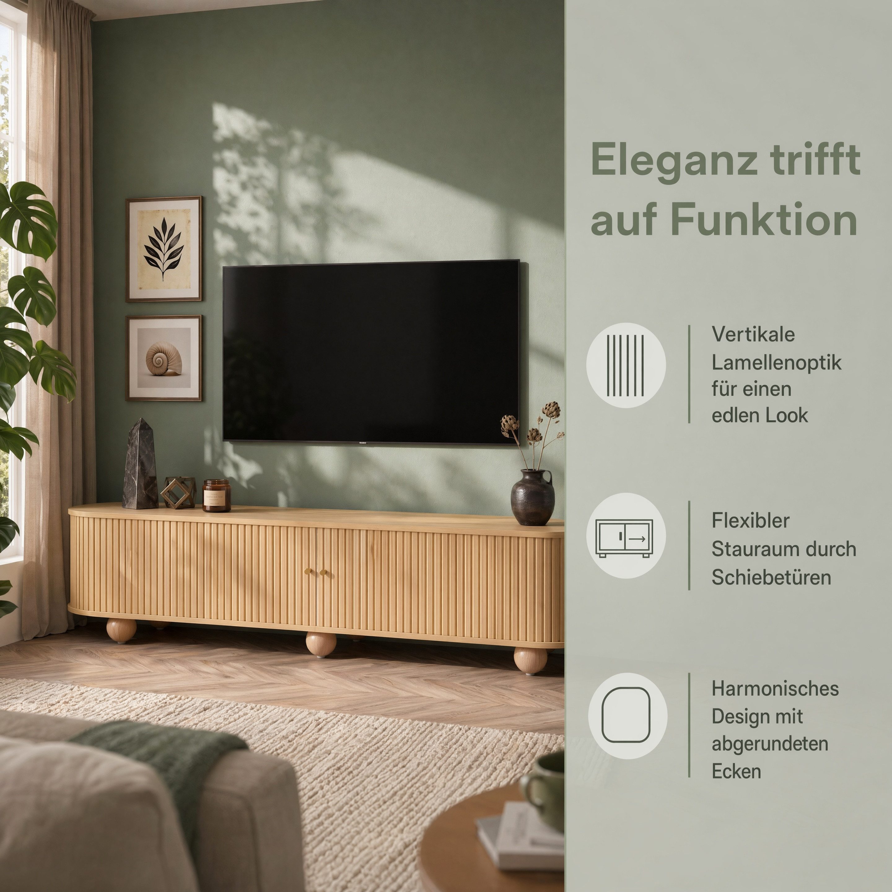 Totnz TV-Schrank TV-Lowboard mit Schiebetüren, vertikaler Lamellenoptik und Kugelfüßen (mit offenem Stauraum und Kabelmanagement) für Wohnzimmer