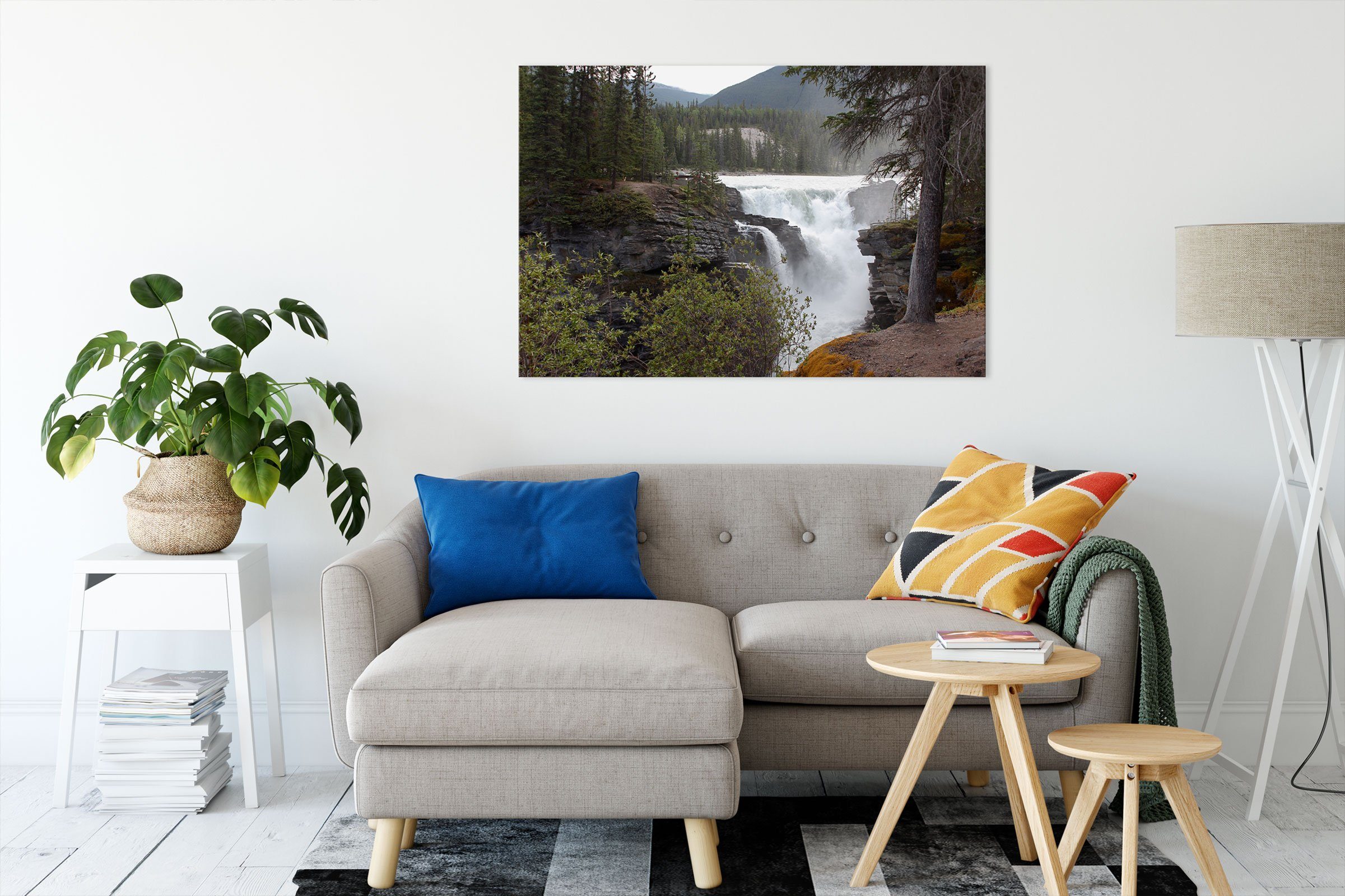 (1 Zackenaufhänger bespannt, St), Wald im Wald, Wasserfälle Leinwandbild Pixxprint im Leinwandbild fertig inkl. Wasserfälle