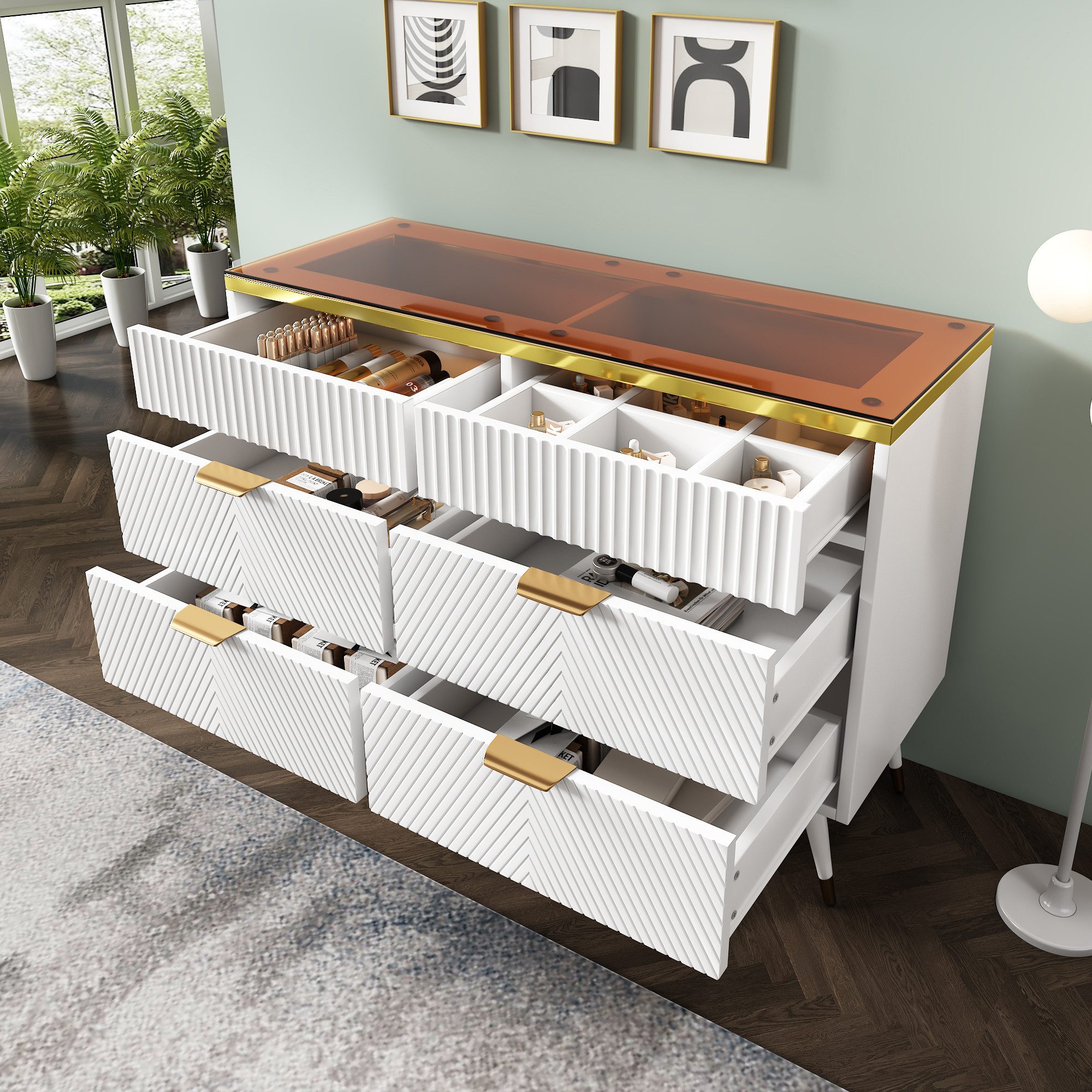 Odikalo Eckkommode Kommode Hochschrank Bernstein Glas Schubladen Schlafzimmer120x40x76cm