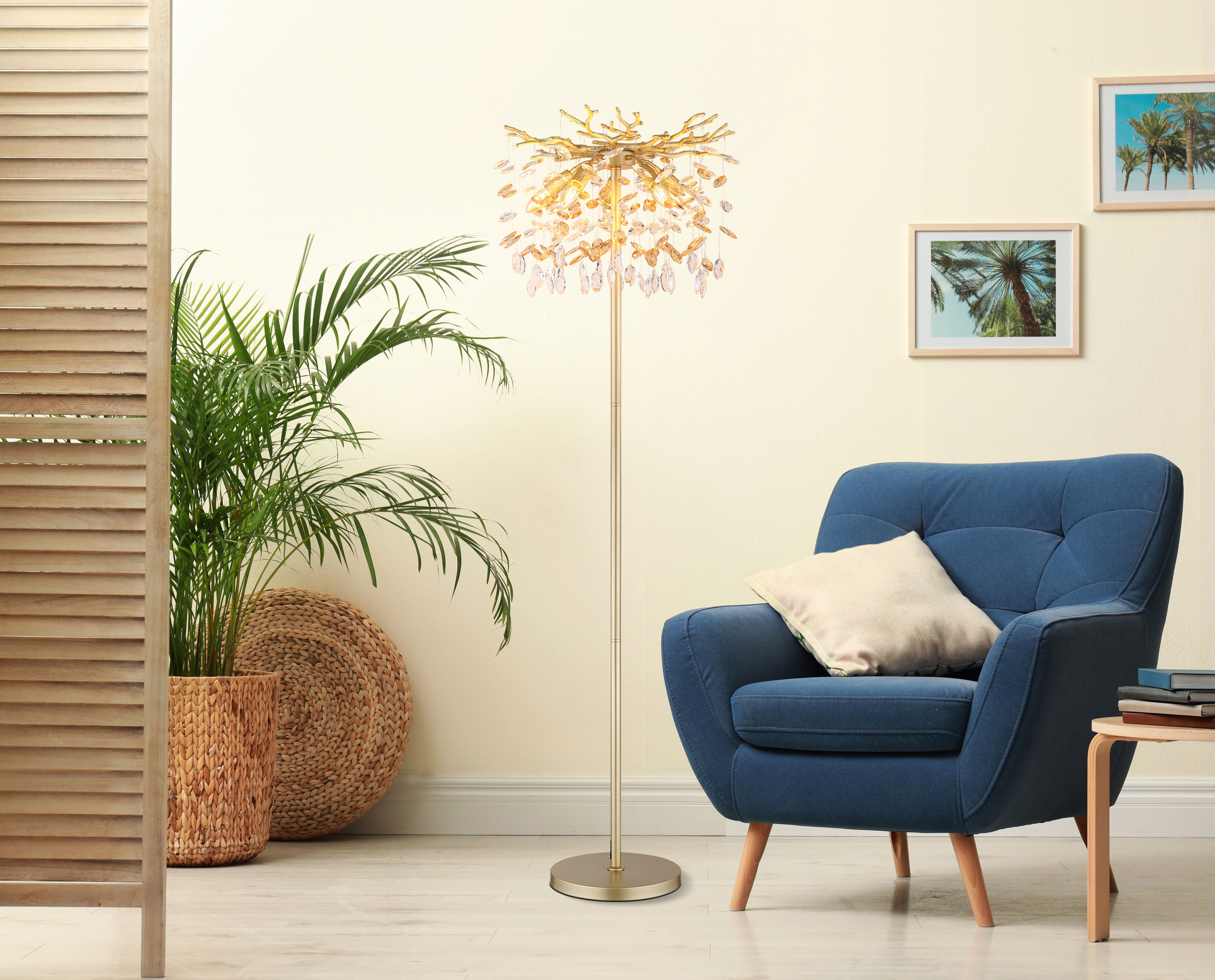 GLOBO LIGHTING Stehlampe QUEENA, ohne Leuchtmittel, Stehleuchte gold Kristall, E14, Fußschalter, klassisch elegant