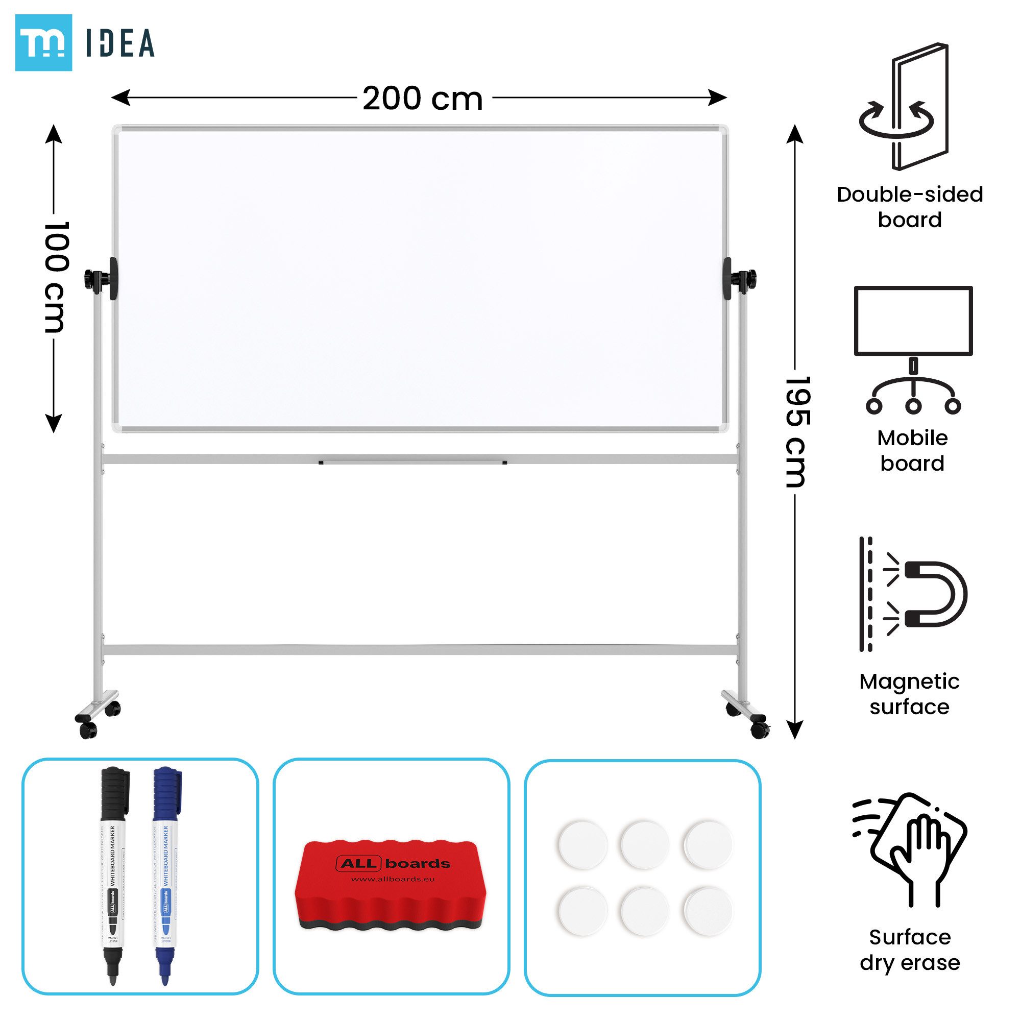 ALLboards Magnettafel Mobiles Board, Serie: TM Idea/Flex – mit doppelseitiger Whiteboard
