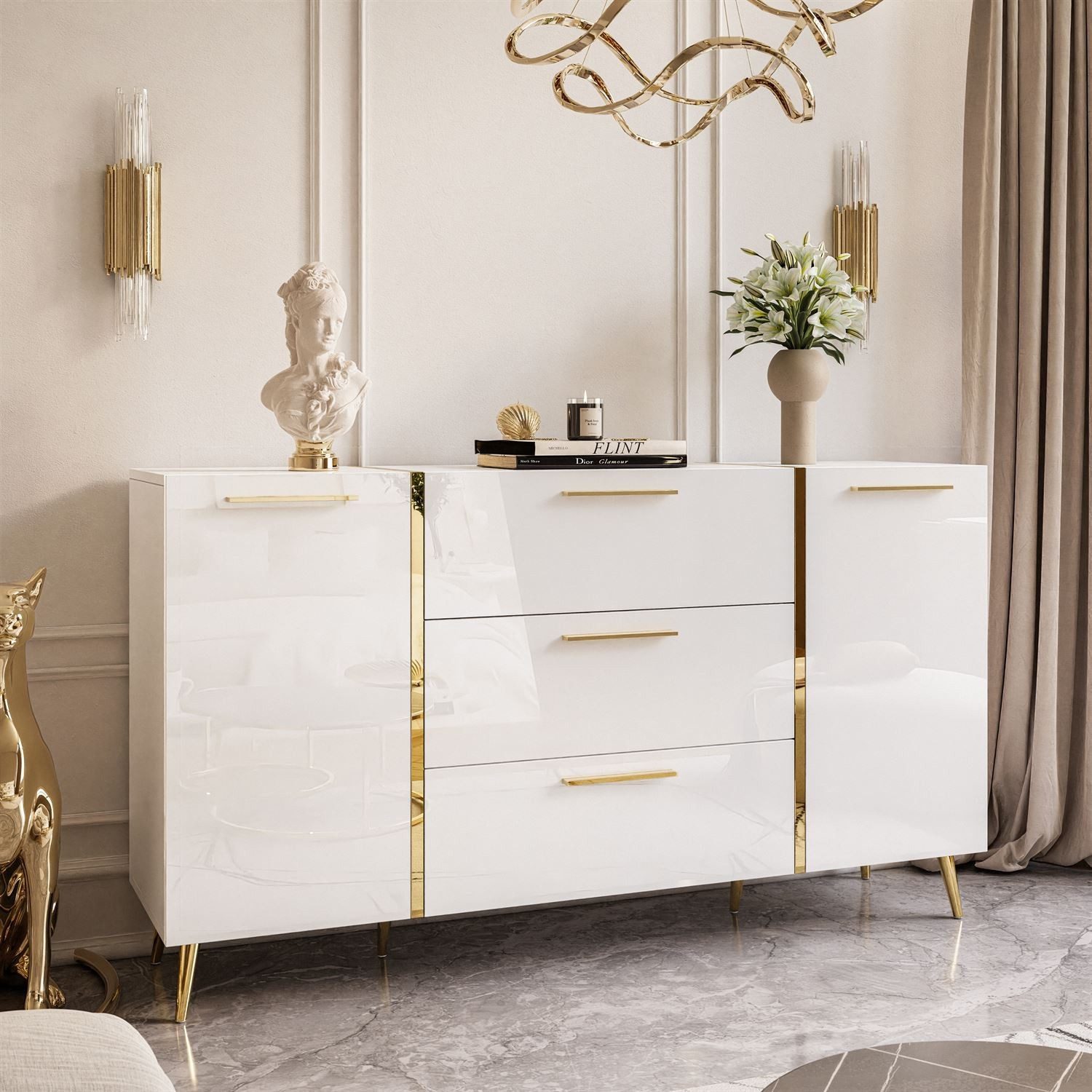 Lookway Kommode ONYX goldene Beine Hochglanz Push-Open / Goldgriffe 158 cm