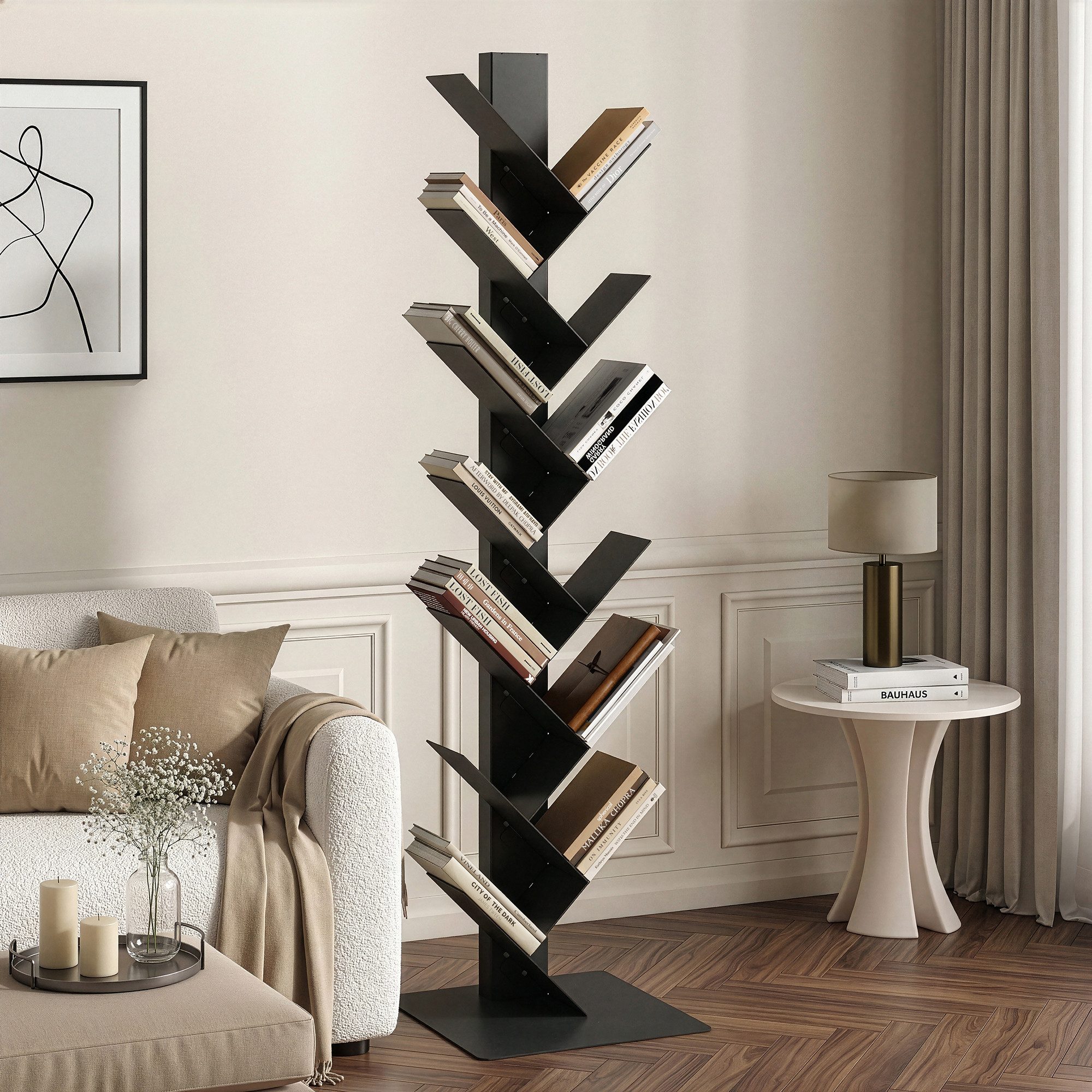 en.casa Bücherregal, »Eksjö« Baumform 12 Ebenen Stahl 150 x 39 x 39 cm Schwarz