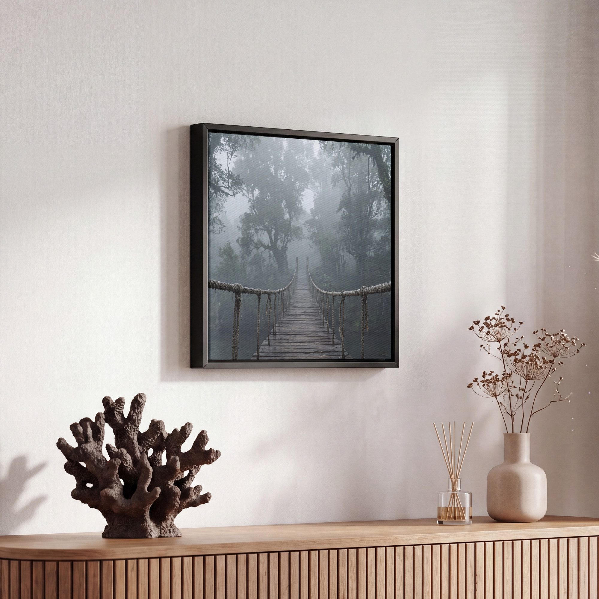 OneMillionCanvasses® Leinwandbild mit Rahmen - Brücke - Dschungel - Nebel - Natur, Fotodruck (1 St), Leinwand Bilder Klein, Wand Dekoration Aesthetic 20x20cm – Bild 5 von 5