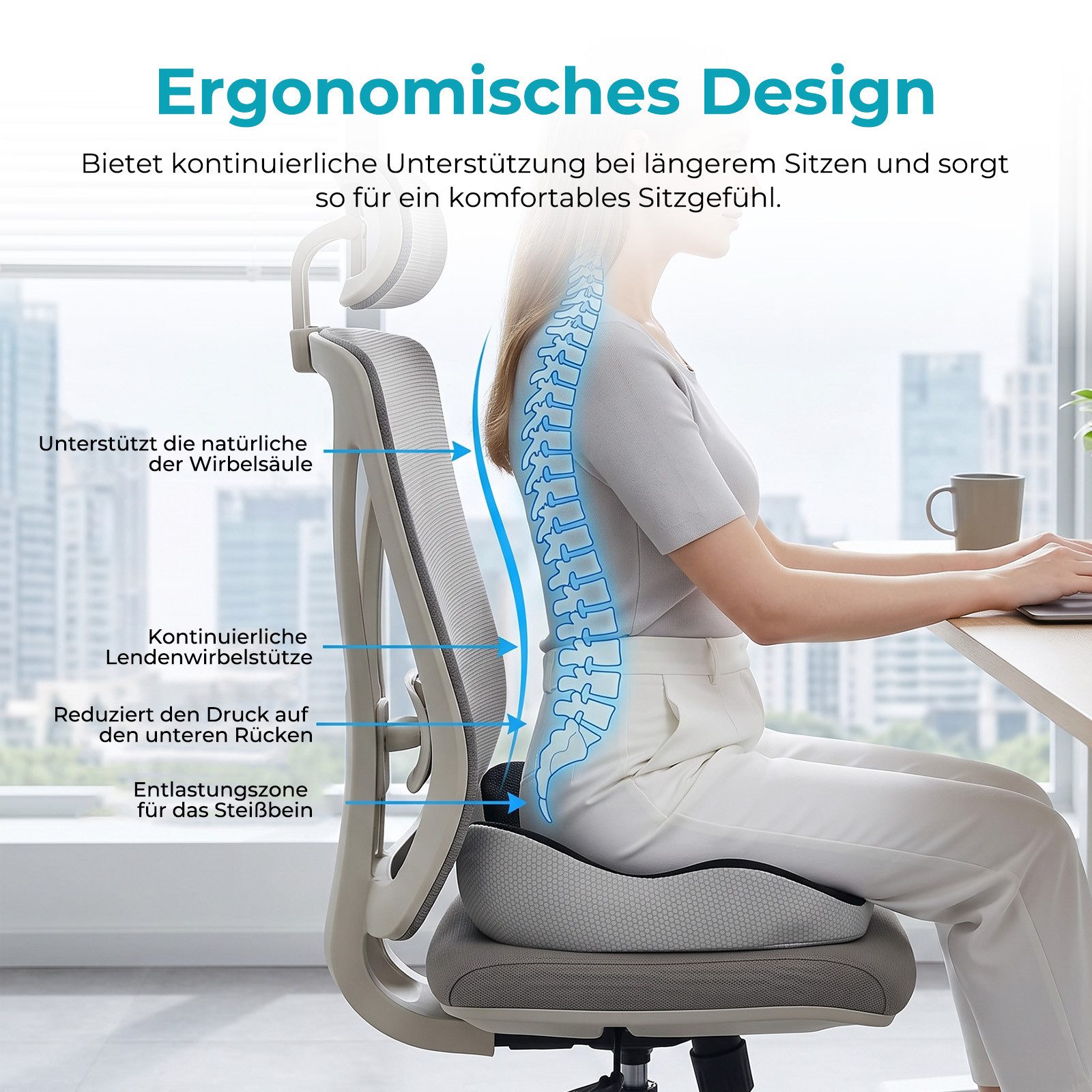 AKKEE Sitzkissen Orthopädisch Ergonomisches Hämorrhoiden Sitzkissen Memory Foam, Breitenverstellbar