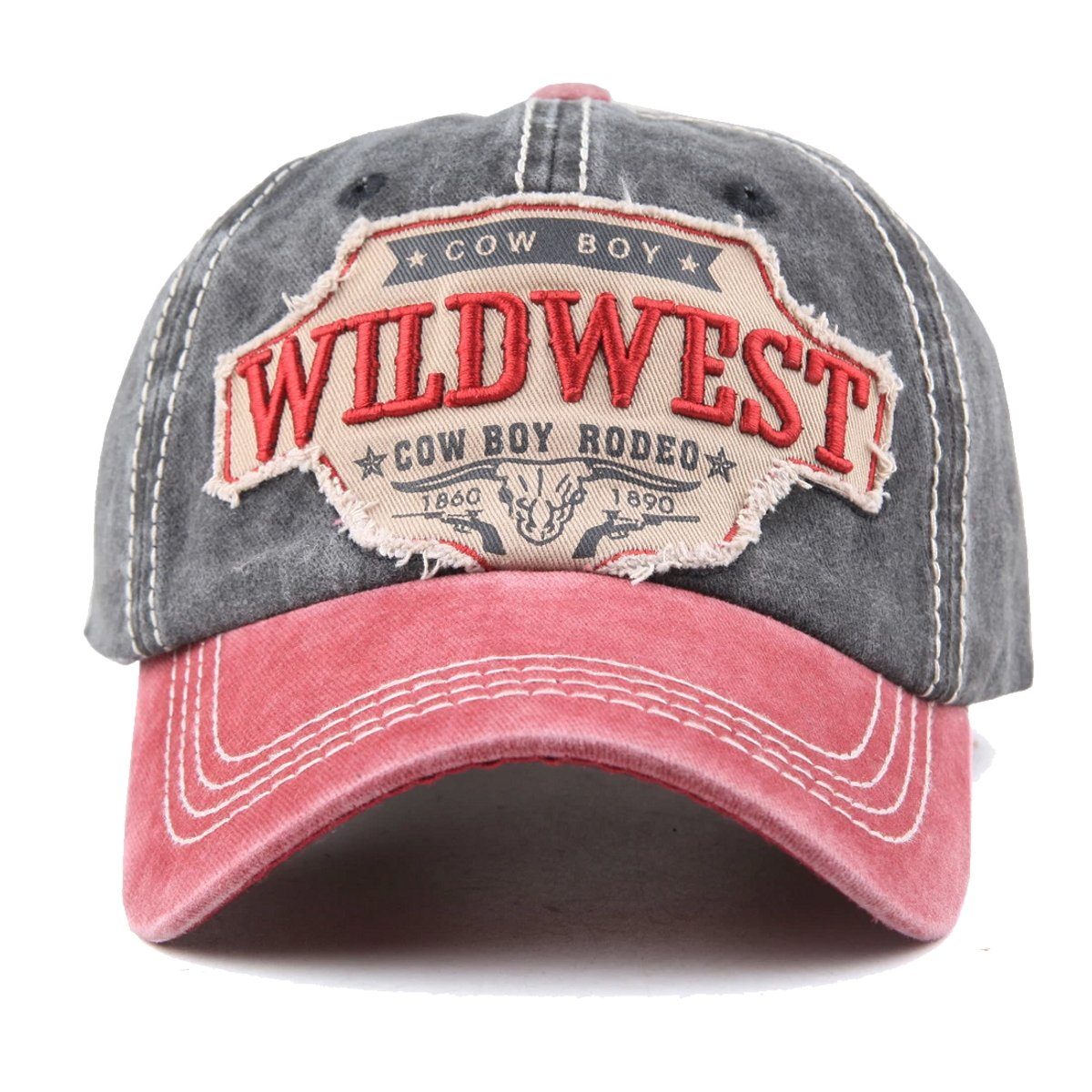 Sporty Baseball Rodeo Retro Original Vintage Cap Western Baseballcap Style Wildwest Used Schwarz/Rot Look Cowboy Washed