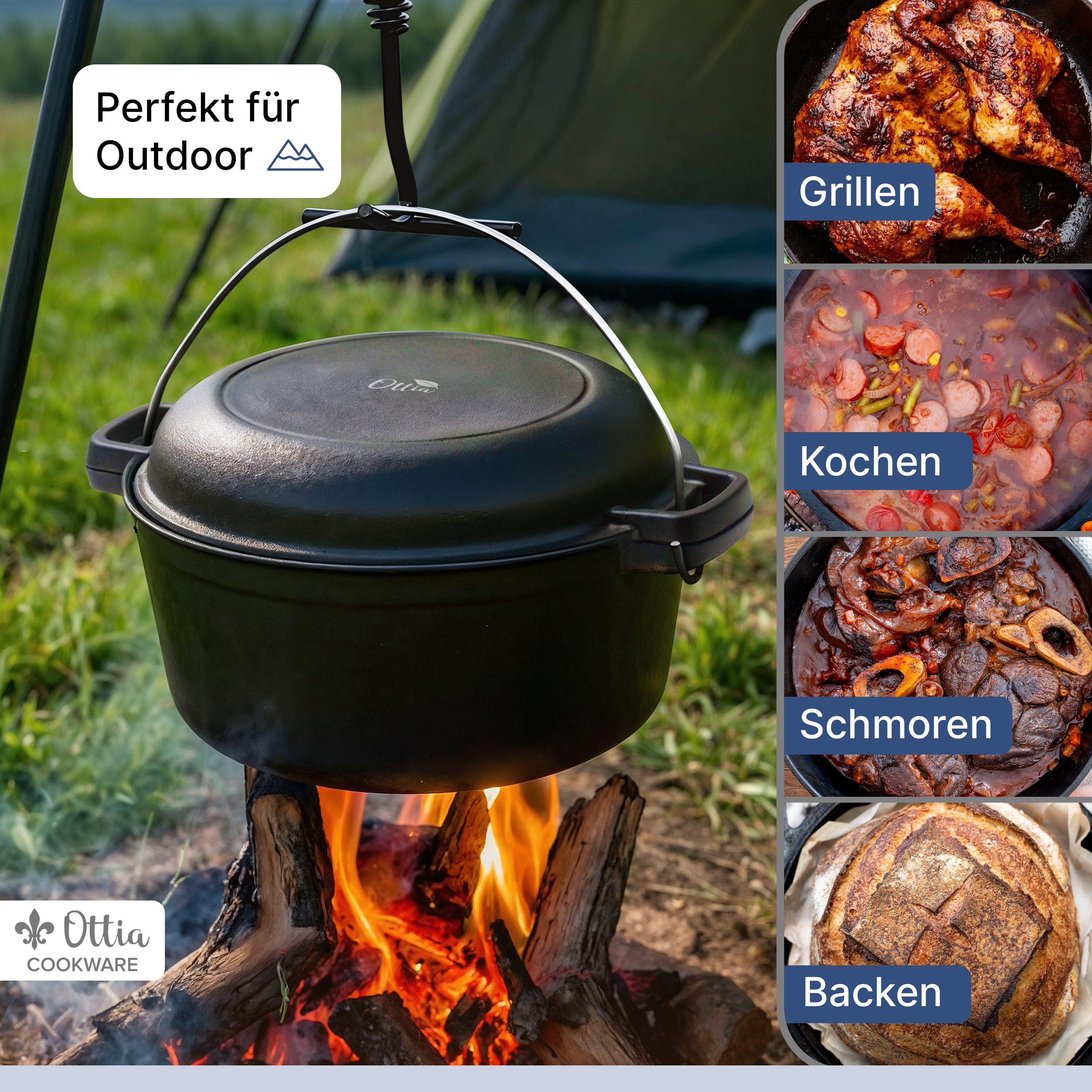 Ottia Schmortopf Gusseisen Topf, Brot backen, Dutch Oven, 2-in-1, 26cm, 5 Liter, Gusseisen (fertig eingebrannt, inkl. E-Book), Händler aus Hamburg