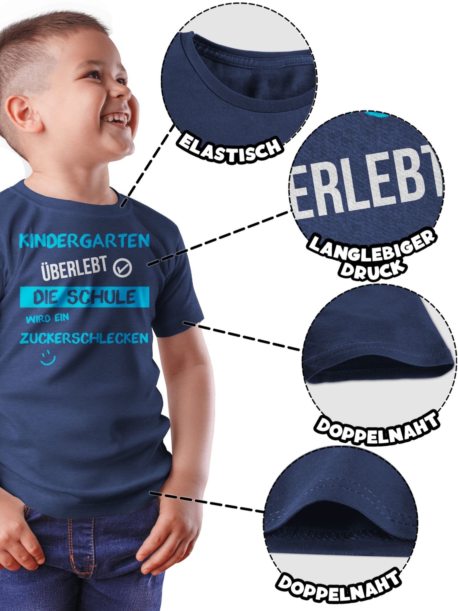 Shirtracer T-Shirt Kindergarten blau 2 Geschenke Meliert Junge Schulanfang Einschulung überlebt Emoticon Dunkelblau